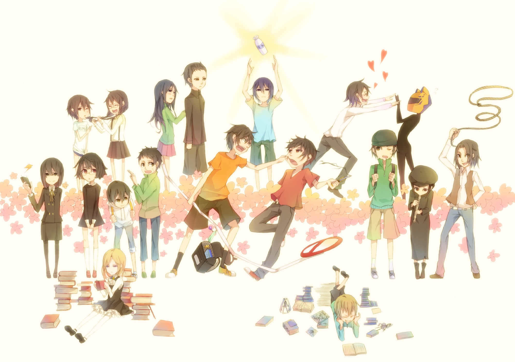 awakusu_akane, black_hair, blonde_hair, bloomers, blush, book, braids, brown_eyes