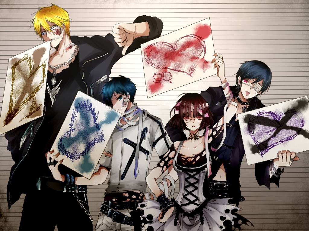 black_hair, blonde_hair, blue_eyes, blue_hair, brown_hair, crossover, dress, durarara!!