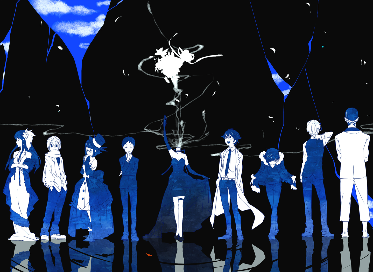 brezhnev_simon, celty_sturluson, dress, durarara!!, glasses, hat, heiwajima_shizuo, kida_masaomi