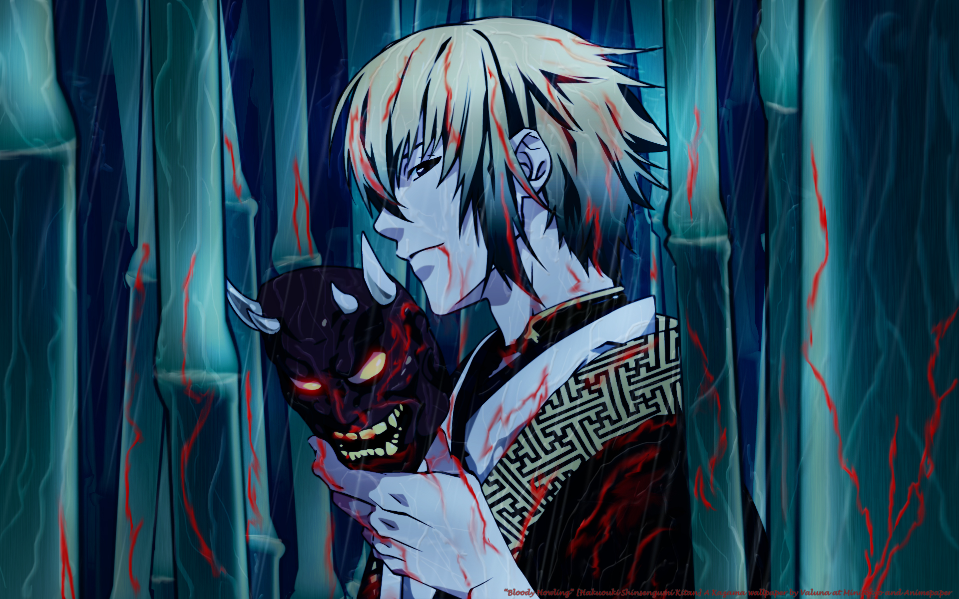 all_male, blonde_hair, blood, hakuouki_shinsengumi_kitan, japanese_clothes, kazama_chikage, kazuki_yone, kimono, male, mask, nakajima_atsuko, rain, short_hair, water, watermark