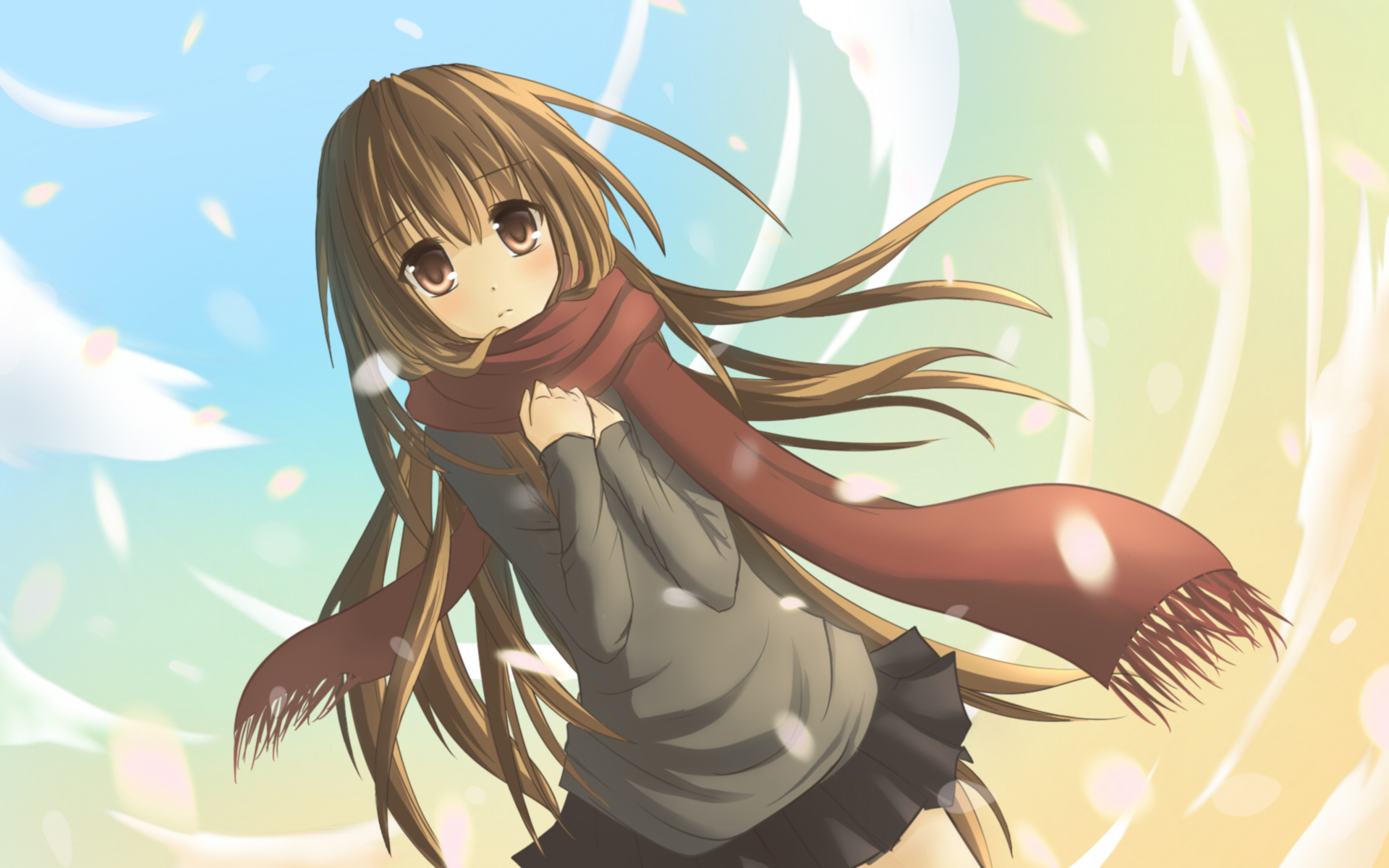 blush, brown_eyes, brown_hair, sayoko, sayonara_memories, scarf, sky
