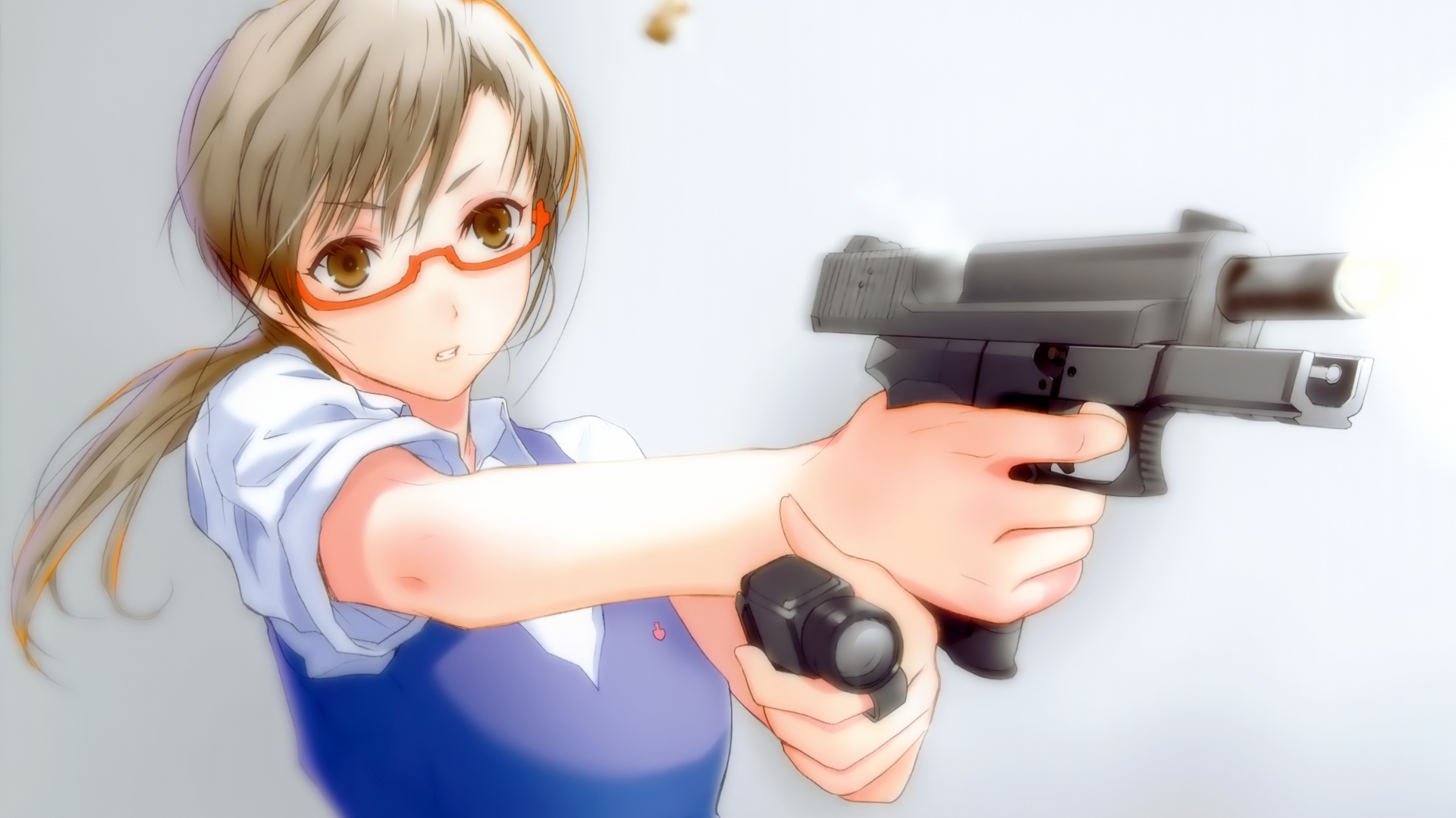 brown_eyes, brown_hair, fuyuno_haruaki, glasses, gun, original, ponytail, weapon