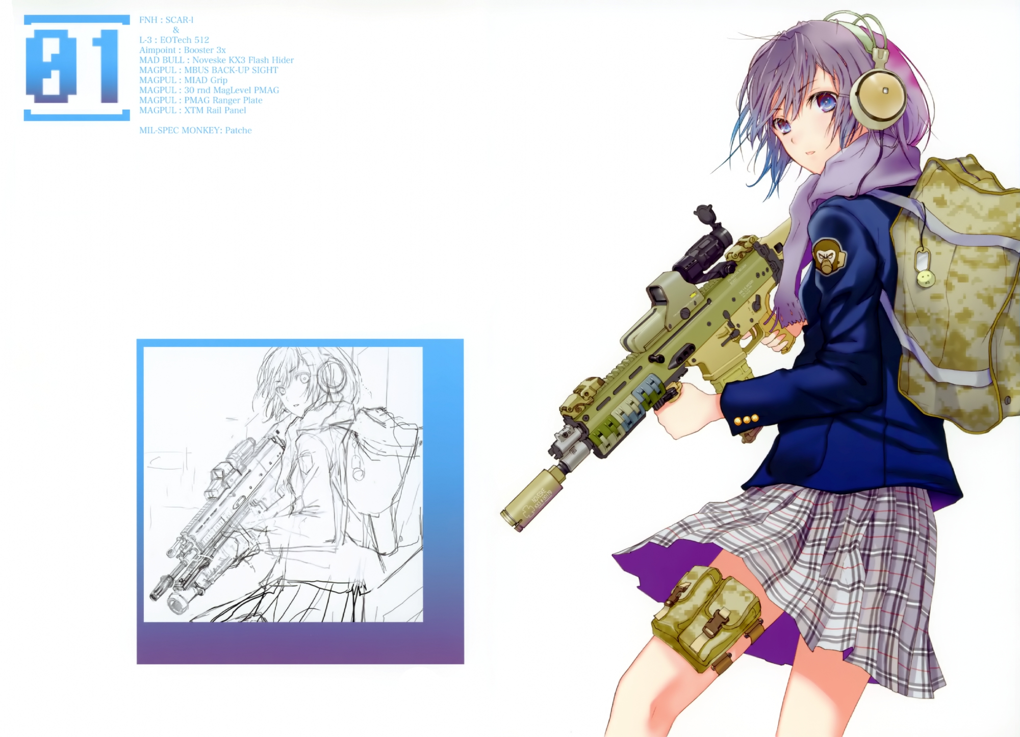 fuyuno_haruaki, gun, headphones, original, scarf, sketch, skirt, weapon
