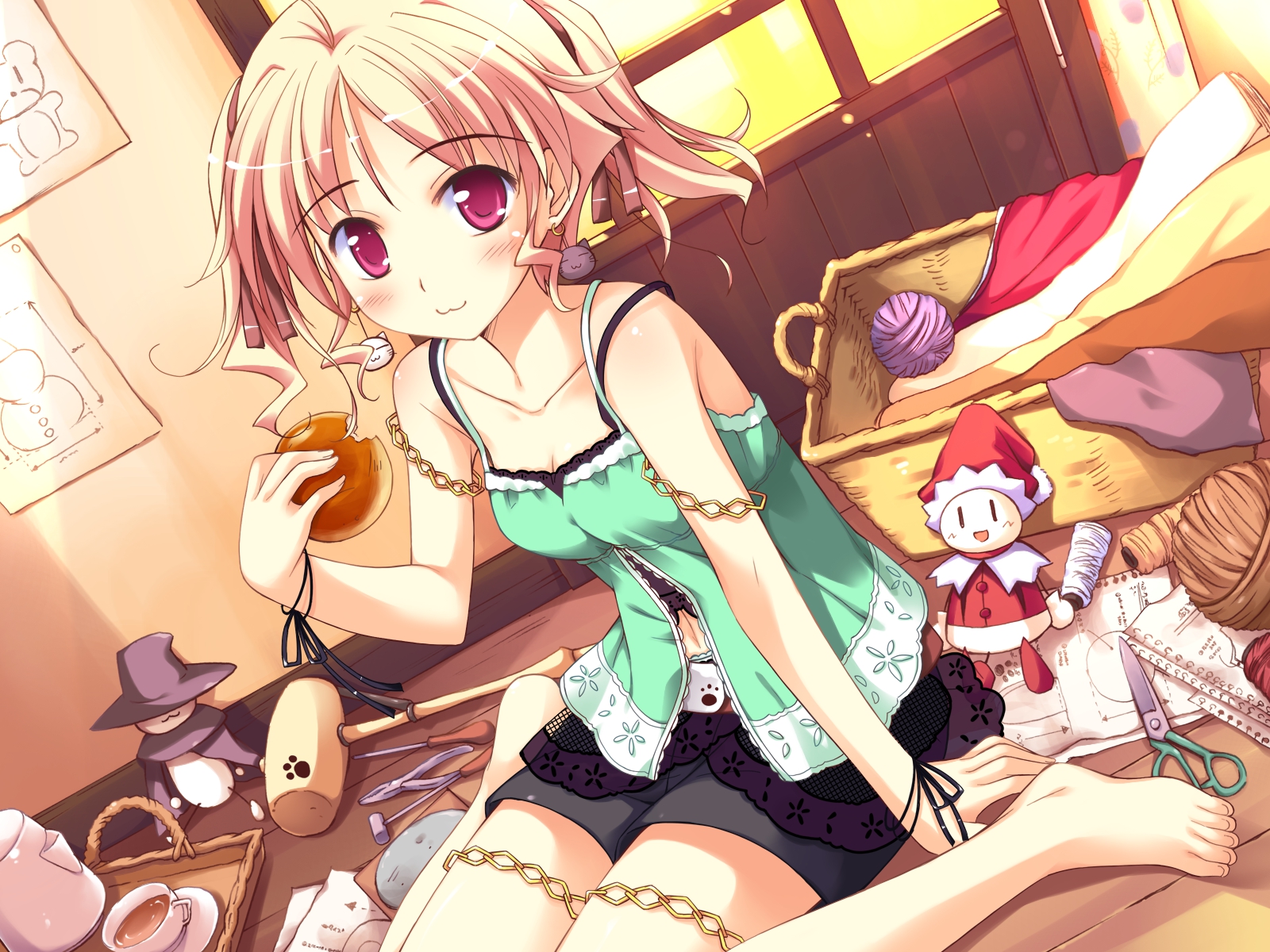 agnes_boulange, barefoot, blonde_hair, blush, cat_smile, food, game_cg, ko~cha, red_eyes, short_hair, shorts, shukufuku_no_campanella, skirt, windmill_oasis