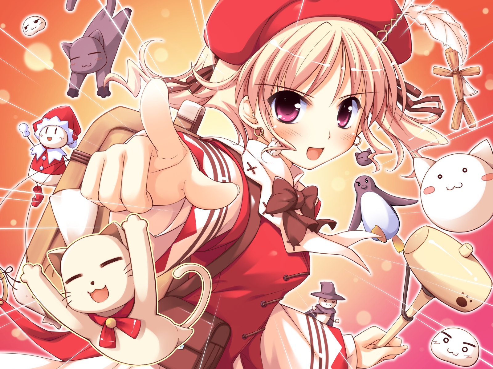 agnes_boulange, animal, blonde_hair, blush, cat, dress, game_cg, hat