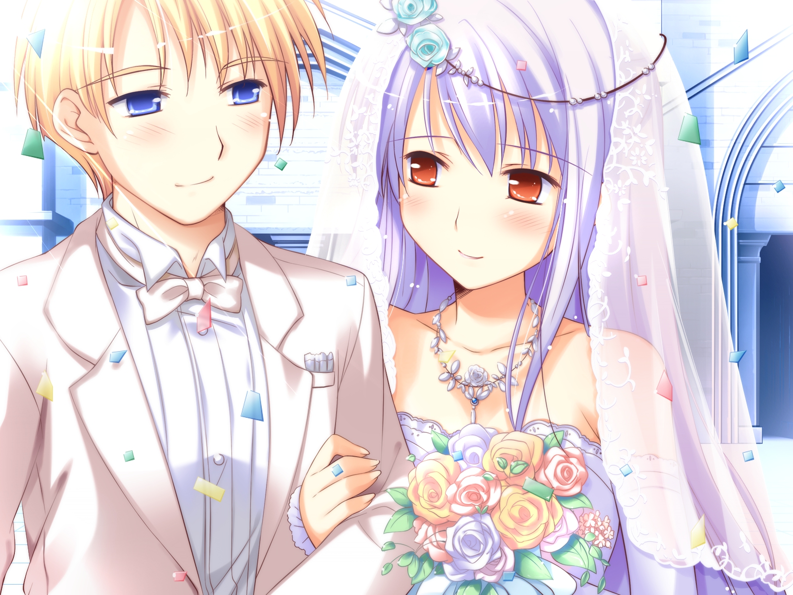 blonde_hair, blue_eyes, blush, chelsea_arcot, dress, flowers, game_cg, ko~cha