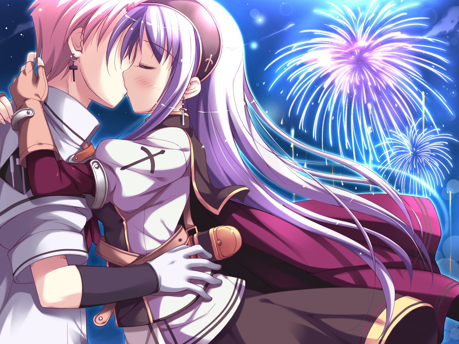 chelsea_arcot, cross, game_cg, gloves, kiss, ko~cha, leicester_maycraft, long_hair
