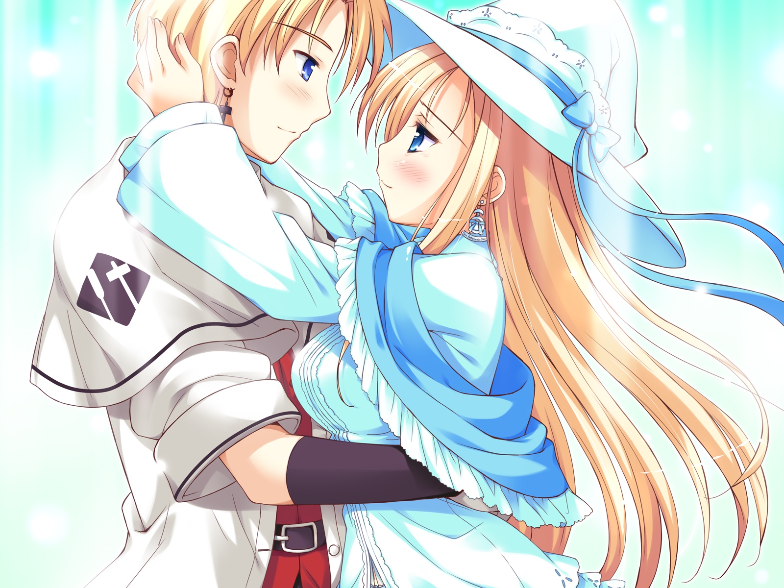 blonde_hair, blue_eyes, blush, carina_verritti, dress, game_cg, gloves, hat