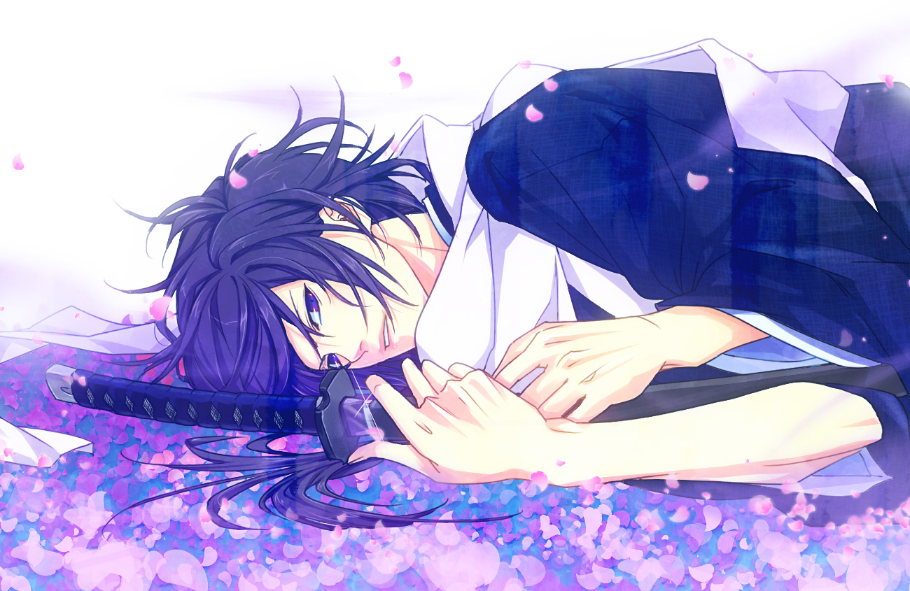 all_male, hakuouki_shinsengumi_kitan, japanese_clothes, katana, kimono, male, petals, purple_eyes