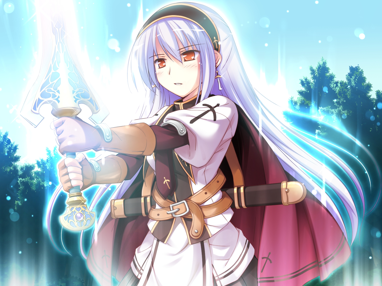 blush, cape, chelsea_arcot, game_cg, gloves, headband, ko~cha, long_hair