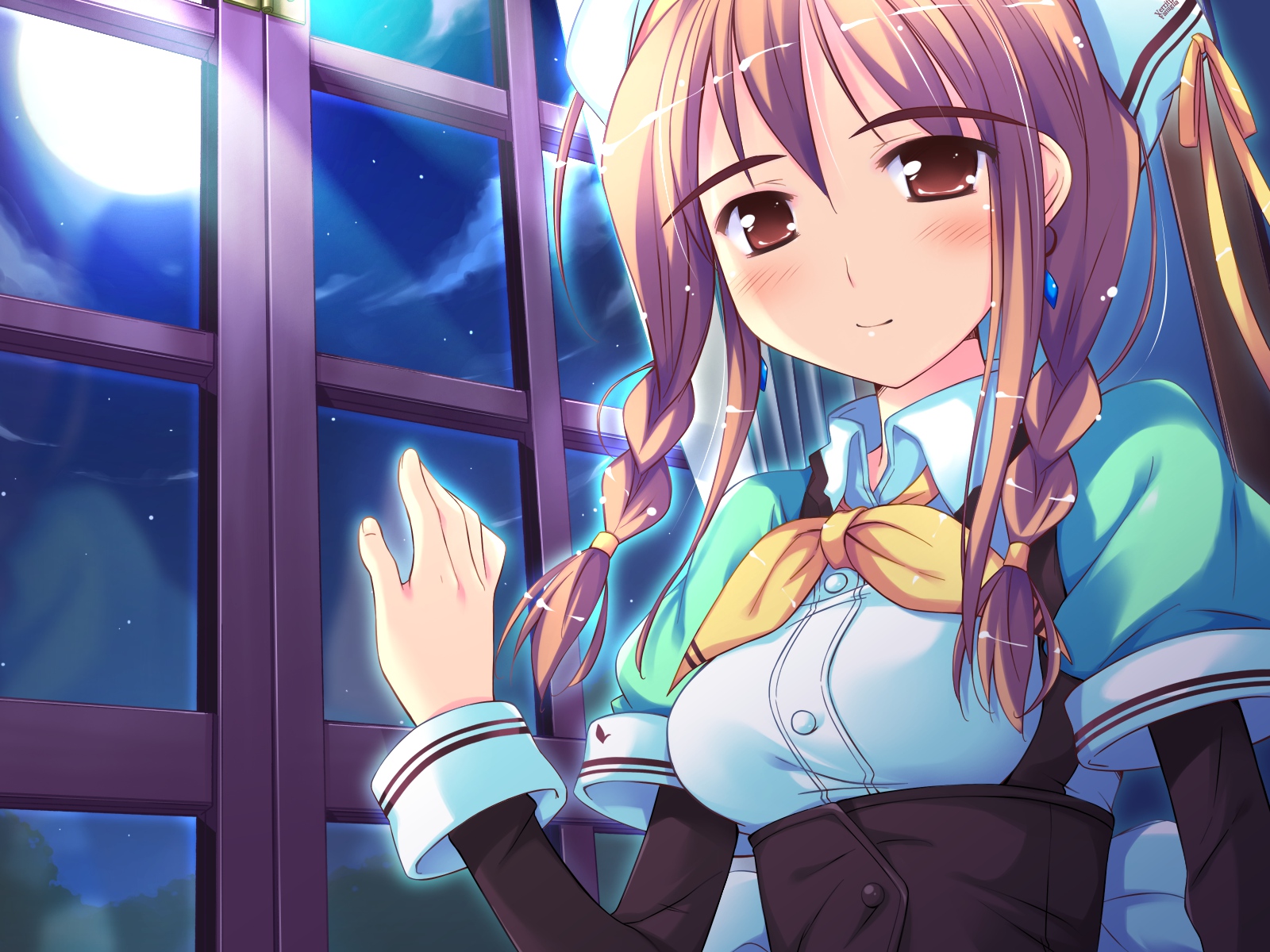 blush, braids, brown_eyes, brown_hair, dress, game_cg, ko~cha, long_hair