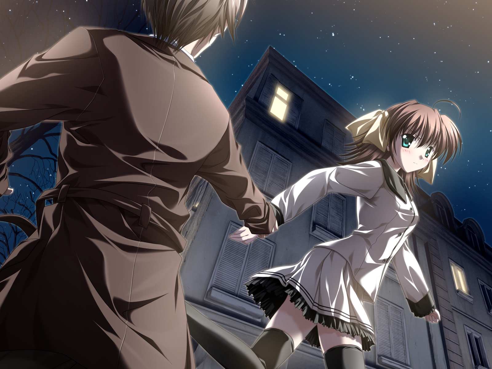 brown_hair, ef, green_eyes, hirono_hiro, miyamura_miyako, ribbons, zettai_ryouiki