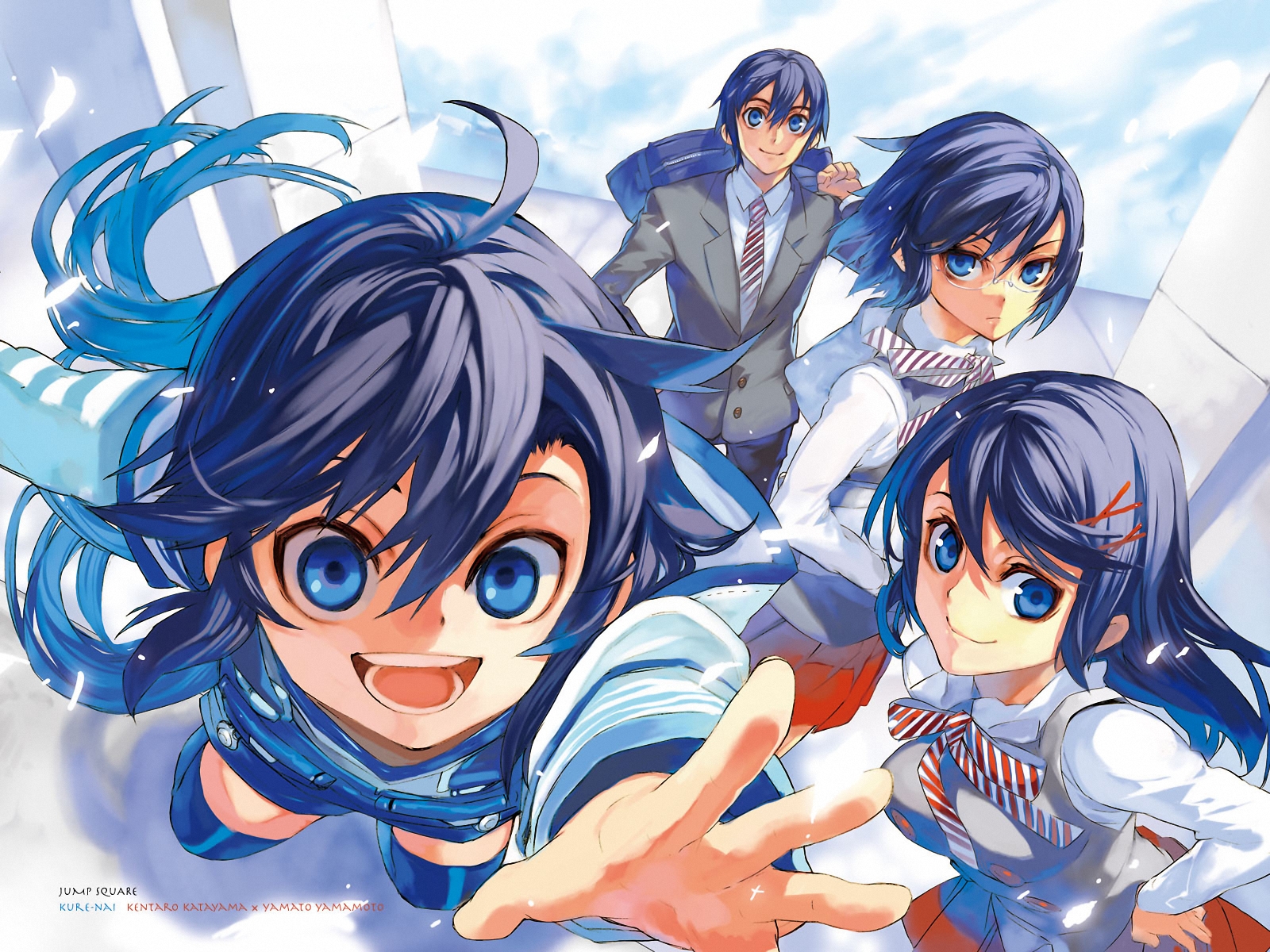 black_hair, blue_eyes, blue_hair, glasses, group, houzuki_yuuno, kuhouin_murasaki, kure-nai, kurenai_shinkurou, long_hair, murakami_ginko, ribbons, school_uniform, short_hair, shorts, skirt, thighhighs, tie, yamamoto_yamato