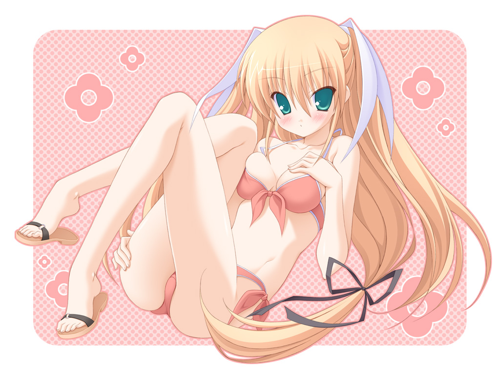 aqua_eyes, bikini, blonde_hair, blush, breasts, cleavage, hisane, little_busters!, long_hair, swimsuit, tokido_saya