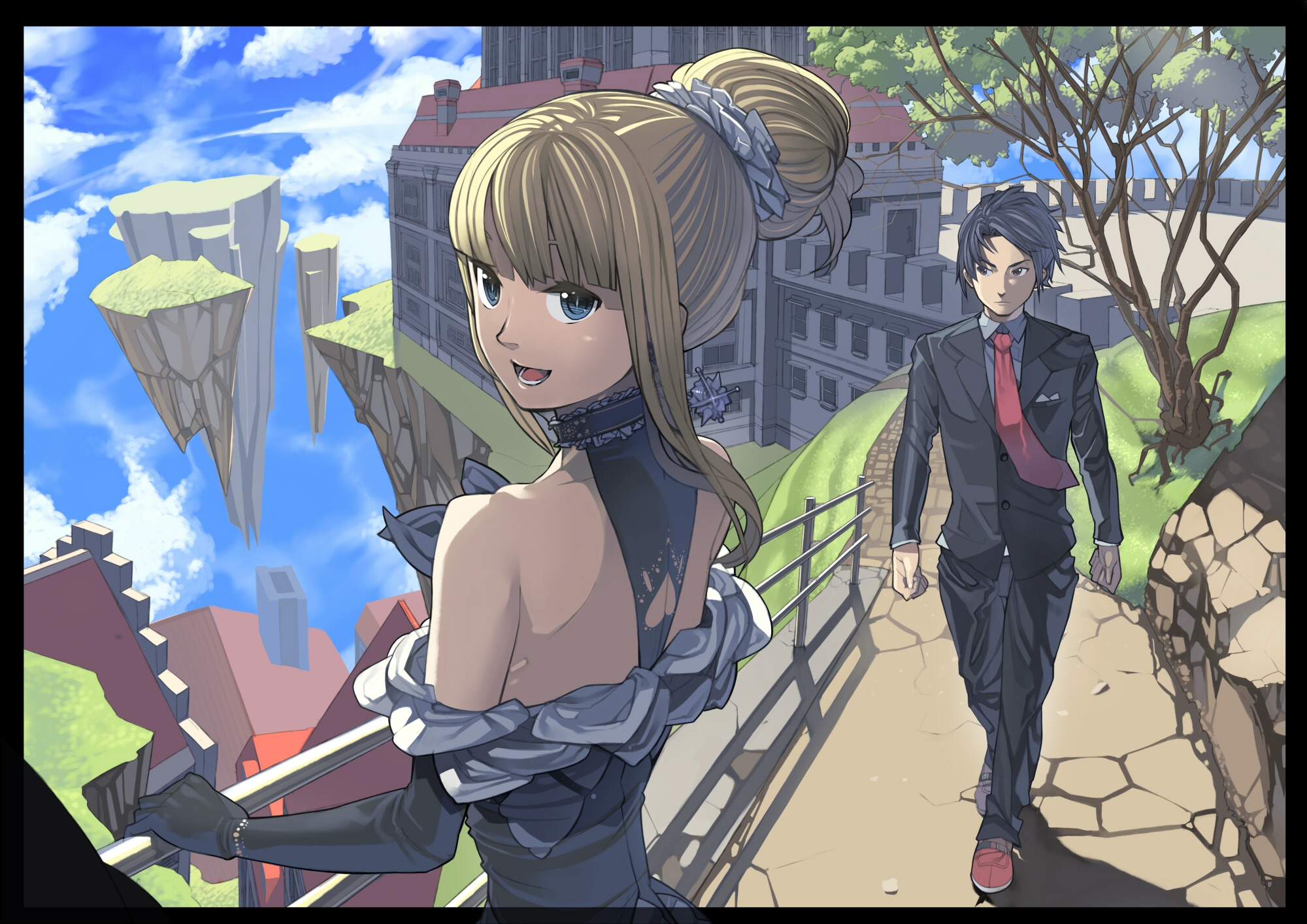 black_hair, blonde_hair, blue_eyes, brown_eyes, clouds, dress, gloves, kurumayama