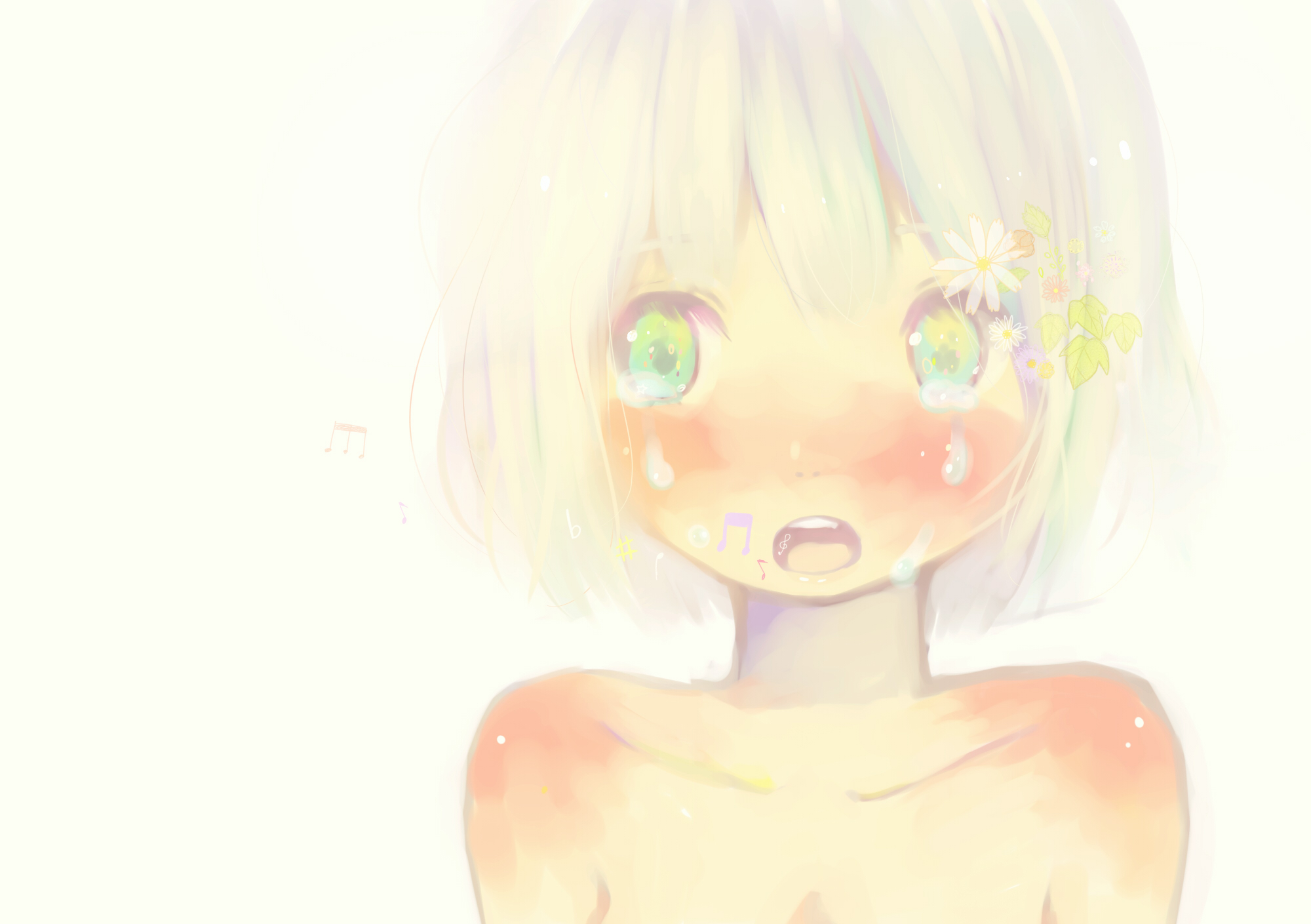 flowers, original, tamayo, tears, topless, white_hair