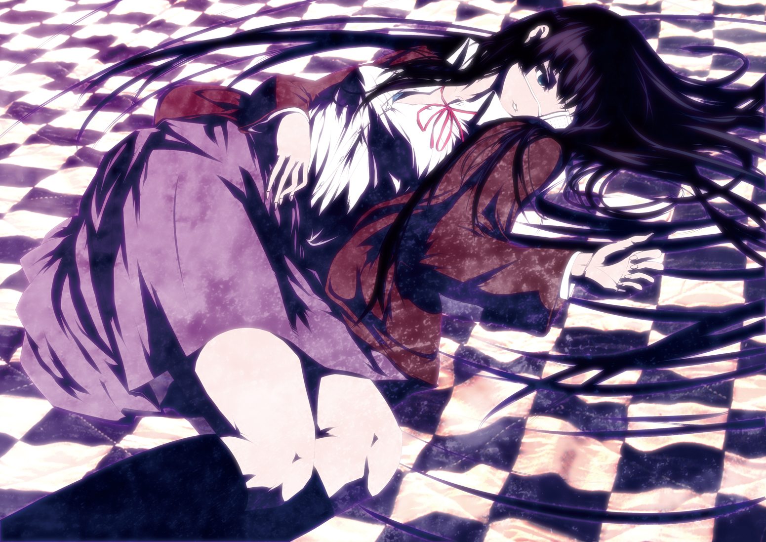 black_hair, blue_eyes, eyepatch, kneehighs, long_hair, mubouou_aasaa, original, ribbons