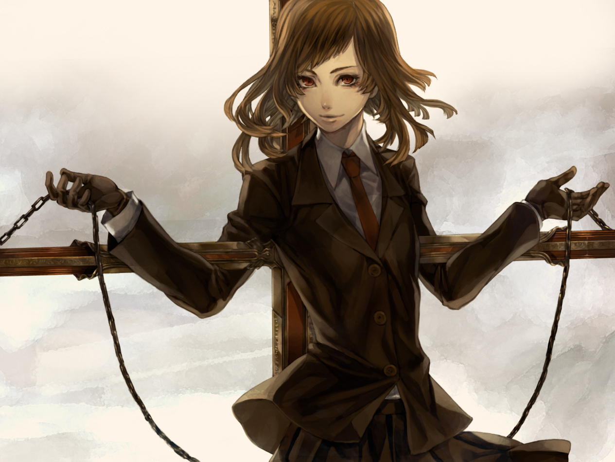 brown_hair, chain, comin, cross, gloves, original, red_eyes, short_hair, skirt, suit, tie