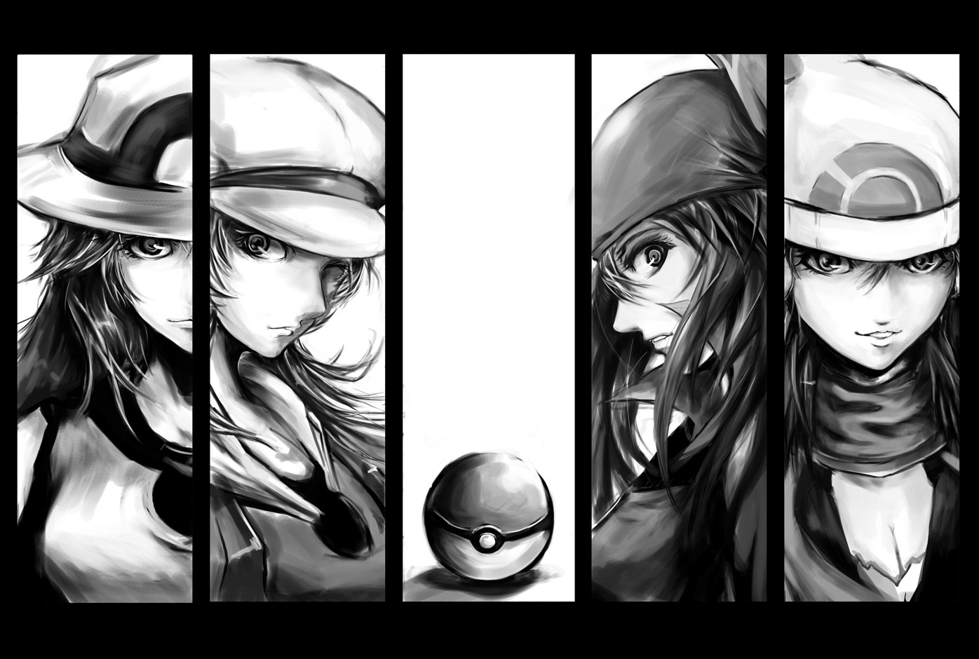 haruka_(pokemon), hat, hikari_(pokemon), kotone_(pokemon), leaf_(pokemon), monochrome, pokemon, shadow_cat