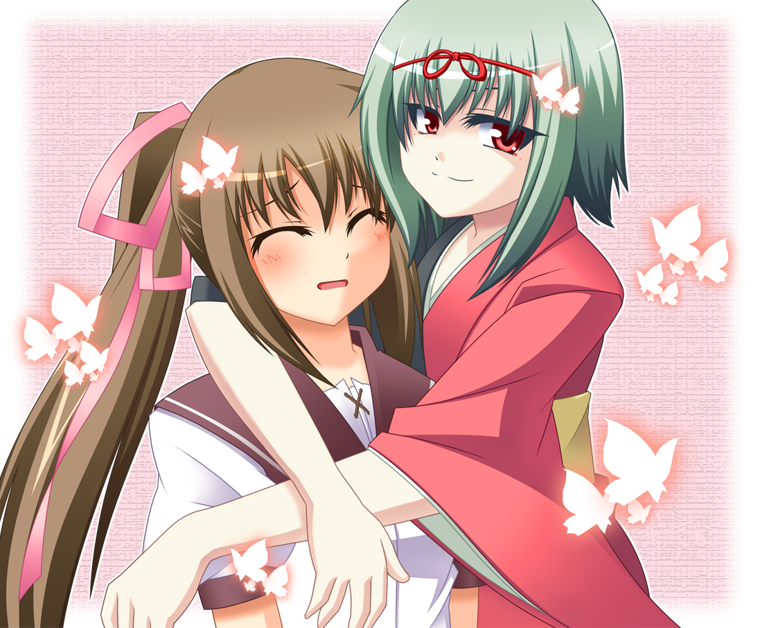 2girls, akai_ito, blush, brown_hair, butterfly, green_hair, hatou_kei, hug, japanese_clothes, kimono, long_hair, nozomi_(akai_ito), red_eyes, ribbons, school_uniform, short_hair, twintails