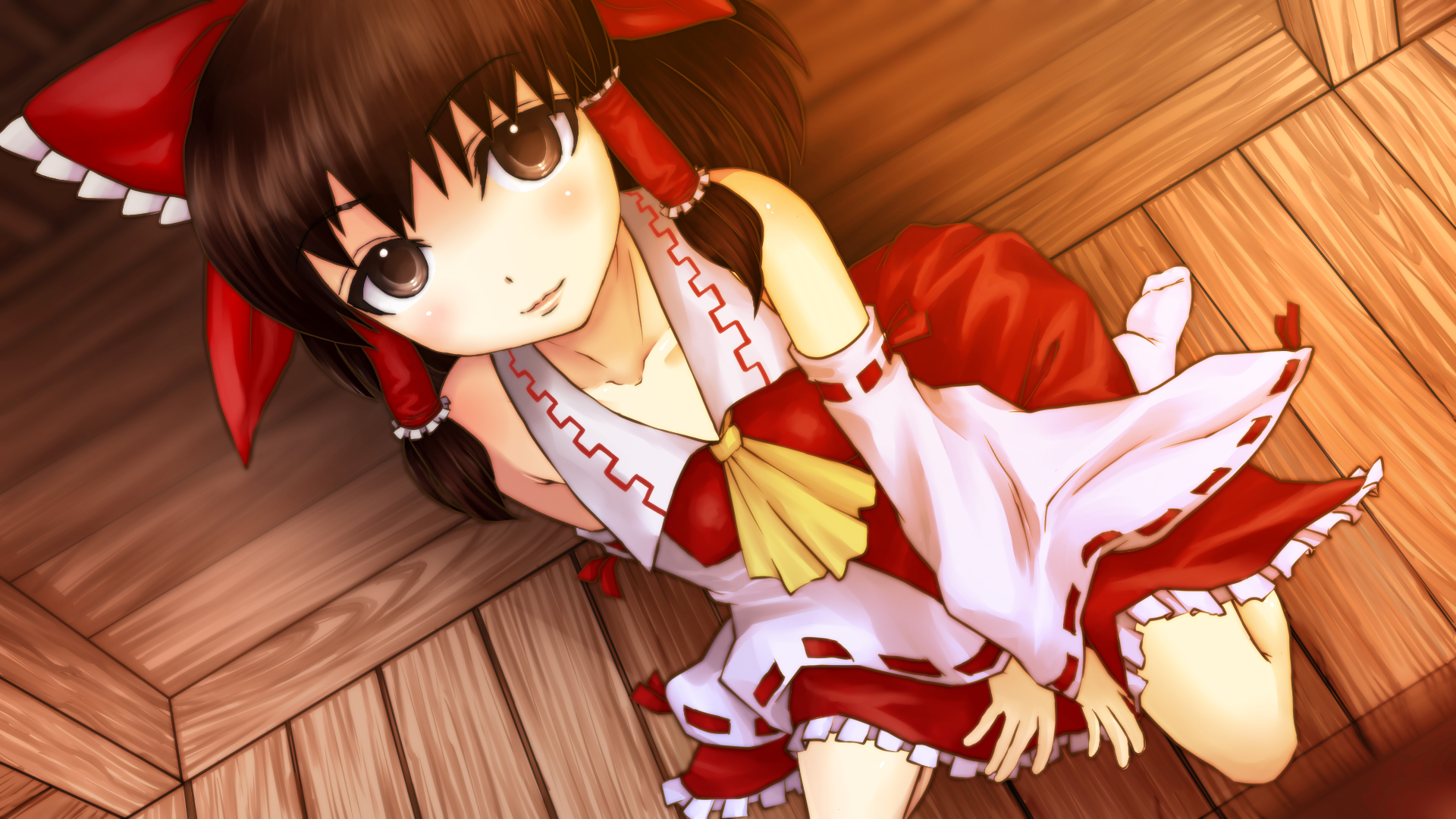 brown_eyes, brown_hair, hakurei_reimu, japanese_clothes, long_hair, miko, raichi, ribbons