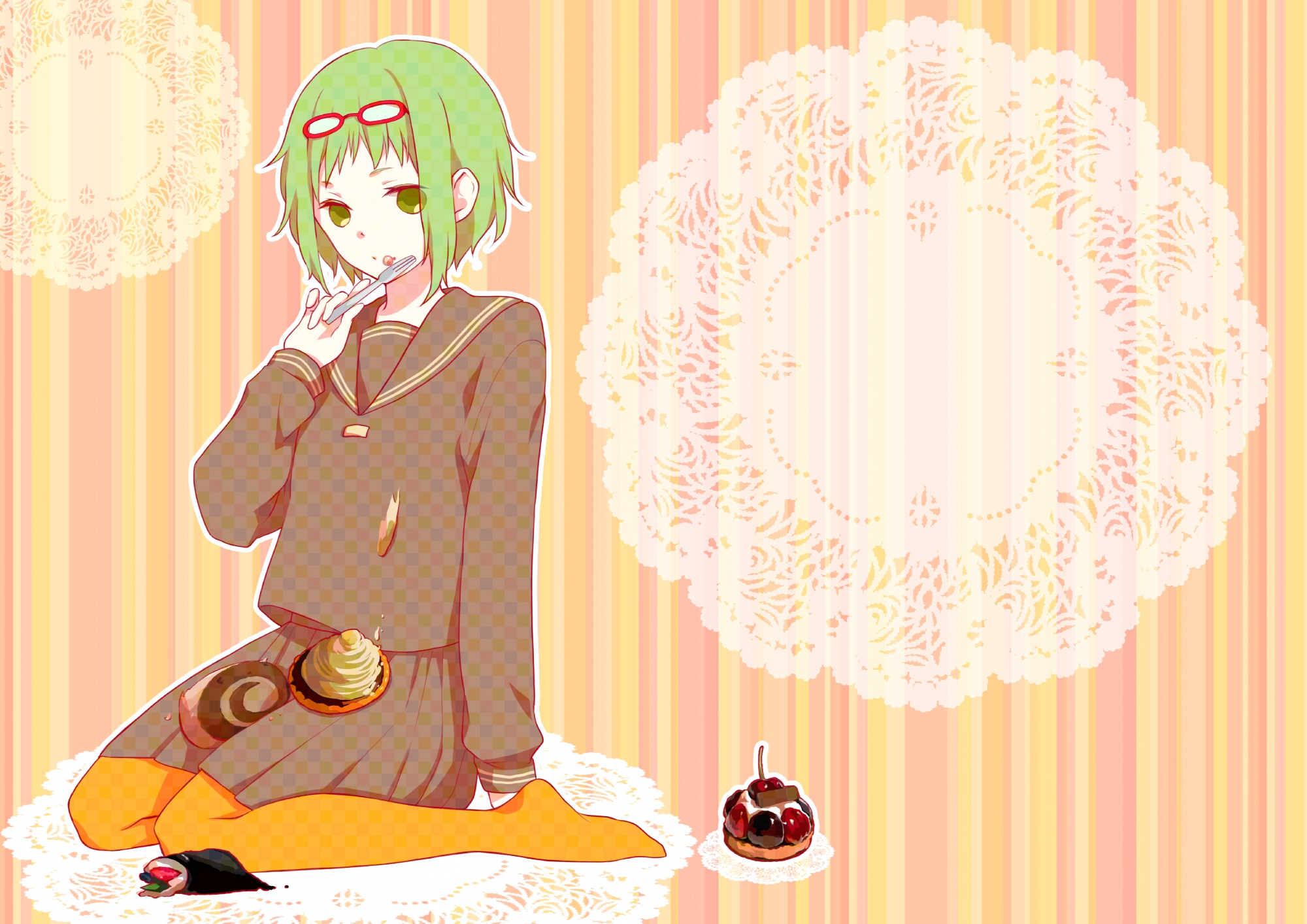 glasses, green_eyes, green_hair, gumi, vocaloid, yowamushi_montblanc_(vocaloid)