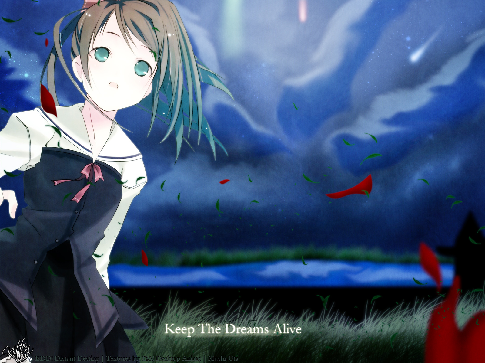 brown_hair, clouds, grass, green_eyes, ichinokuro_arisu, mushiuta, night, petals