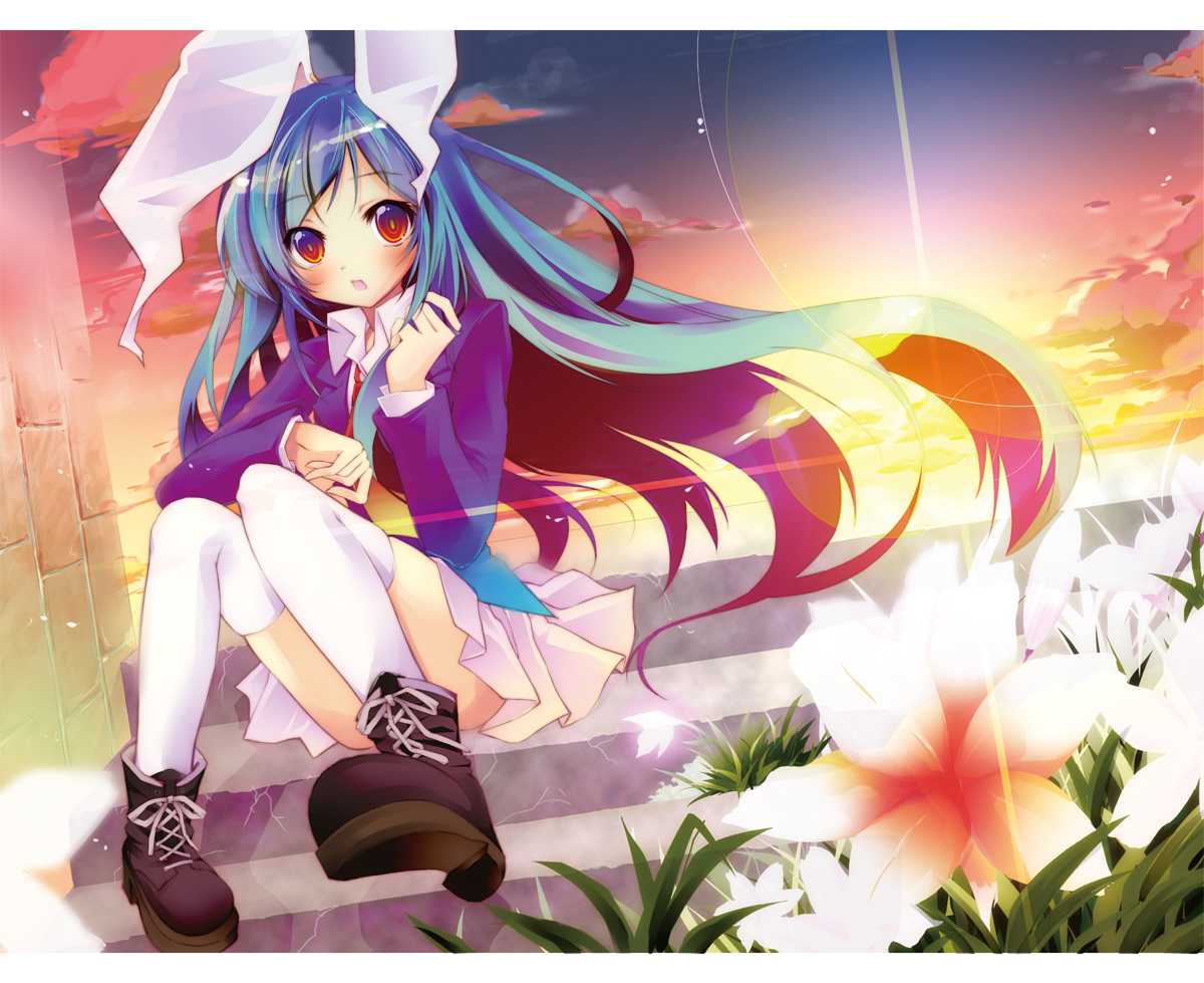 animal_ears, blue_hair, blush, boots, bunny_ears, bunnygirl, flowers, hiiragi_mashiro, long_hair, purple_hair, red_eyes, reisen_udongein_inaba, skirt, sky, suit, sunset, thighhighs, tie, touhou
