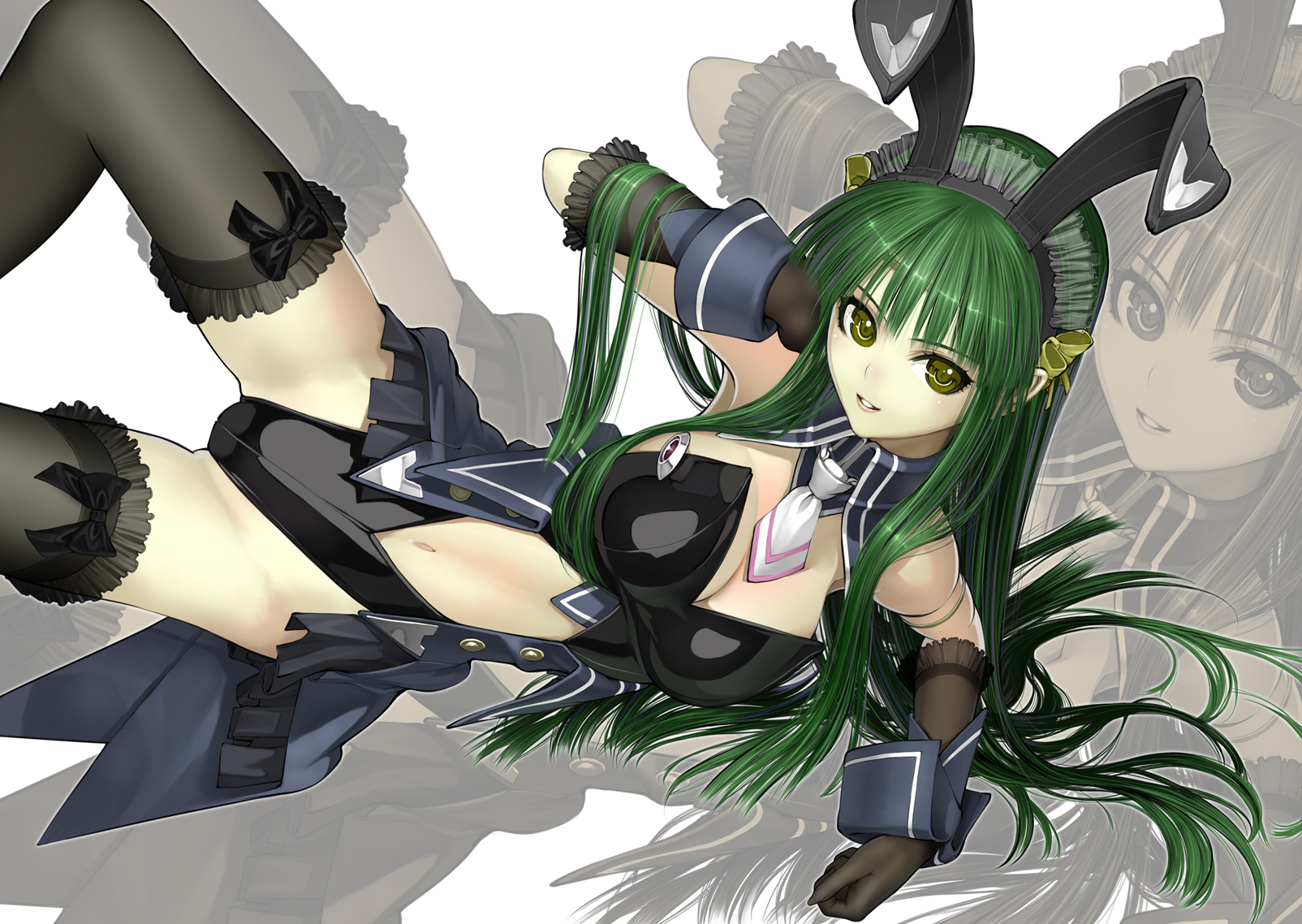 animal_ears, breasts, bunny_ears, bunnygirl, cleavage, elbow_gloves, gloves, green_hair, headband, long_hair, nakaba_reimei, navel, ouka_nagisa, super_robot_wars, thighhighs, tie, yellow_eyes, zoom_layer