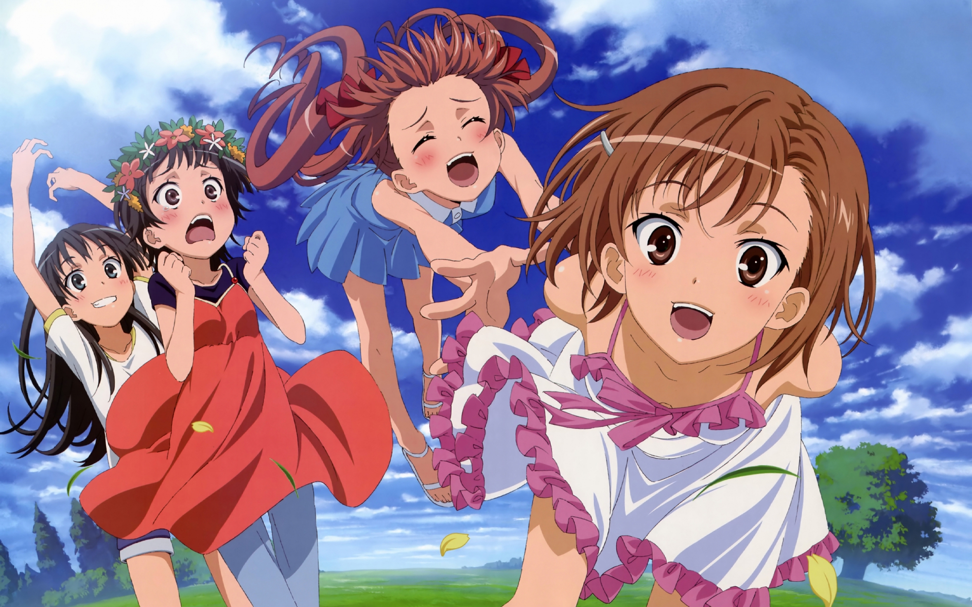 black_hair, blue_eyes, blush, bow, brown_eyes, brown_hair, clouds, dress
