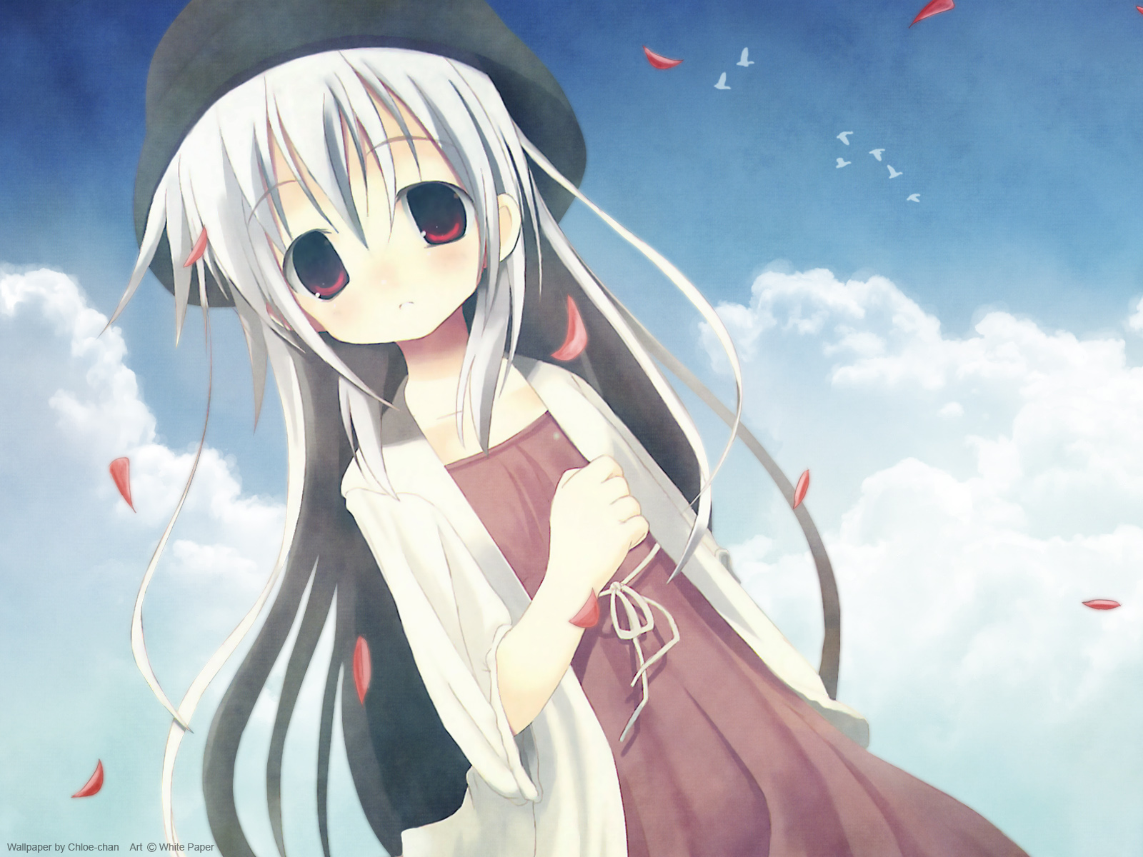 animal, bird, hat, long_hair, red_eyes, shiro_(octet), sky, third-party_edit