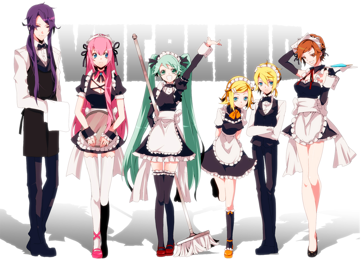 blonde_hair, blue_eyes, brown_eyes, brown_hair, green_eyes, green_hair, group, hatsune_miku, kagamine_len, kagamine_rin, kamui_gakupo, long_hair, maid, male, manya_(mohu_is-mine), megurine_luka, meiko, pink_hair, ponytail, purple_eyes, purple_hair, short_hair, thighhighs, twintails, vocaloid