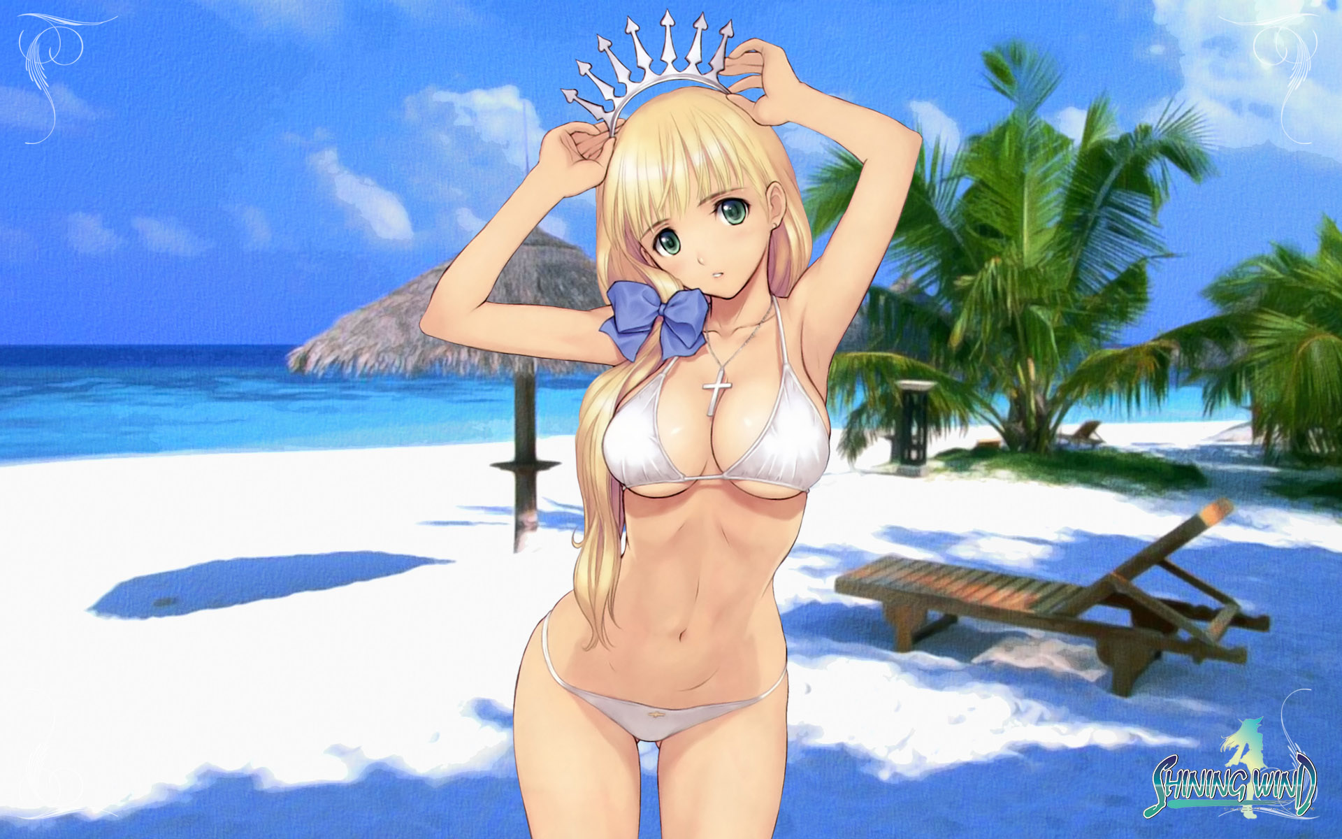 beach, bikini, blonde_hair, clalaclan_philias, green_eyes, shining_wind, swimsuit, taka_tony