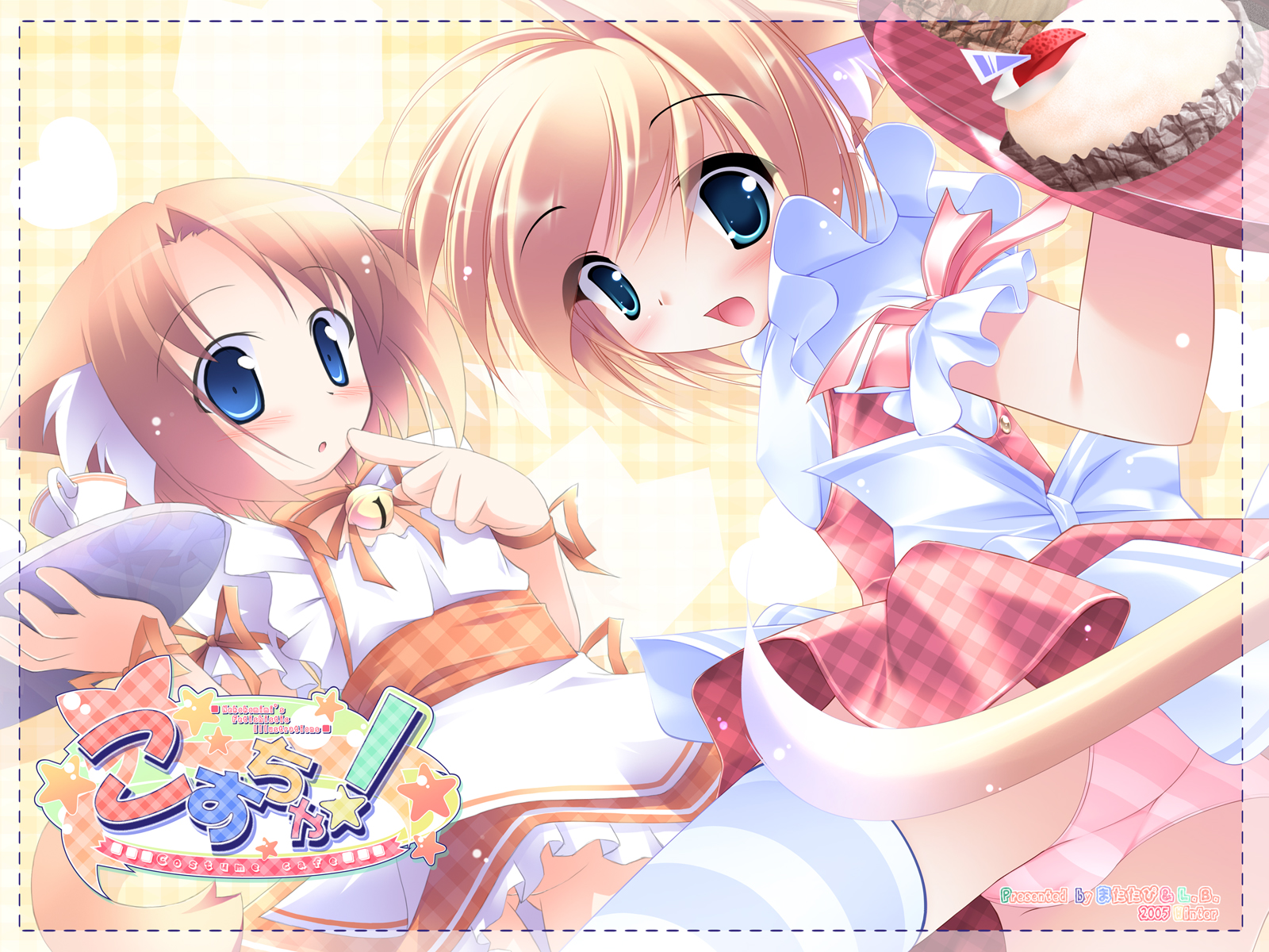 animal_ears, bell, blonde_hair, blue_eyes, blush, catgirl, food, inuneko_kagura_yuuki_matatapi_little_box, kagura_yuuki, panties, ribbons, short_hair, striped_panties, tail, underwear, waitress