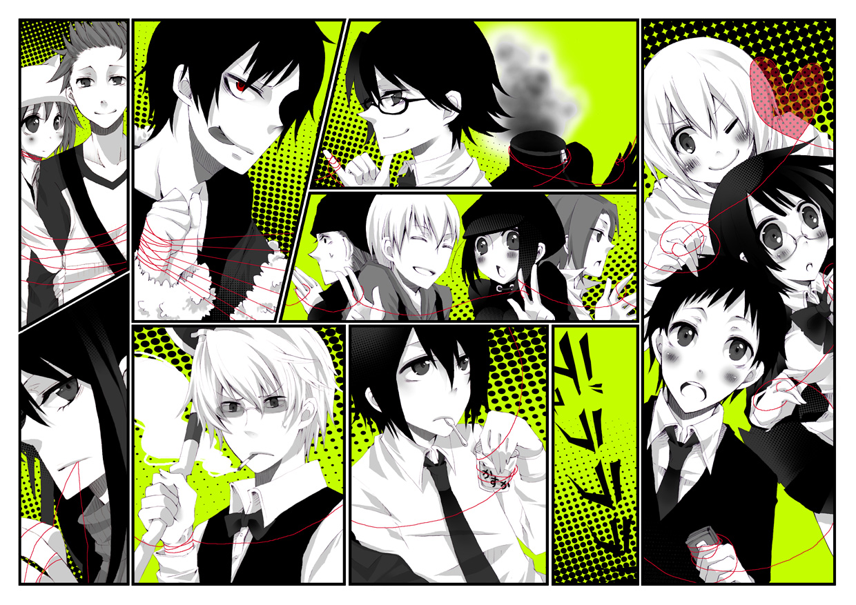 blush, celty_sturluson, durarara!!, glasses, harima_mika, heiwajima_kasuka, heiwajima_shizuo, kadota_kyohei