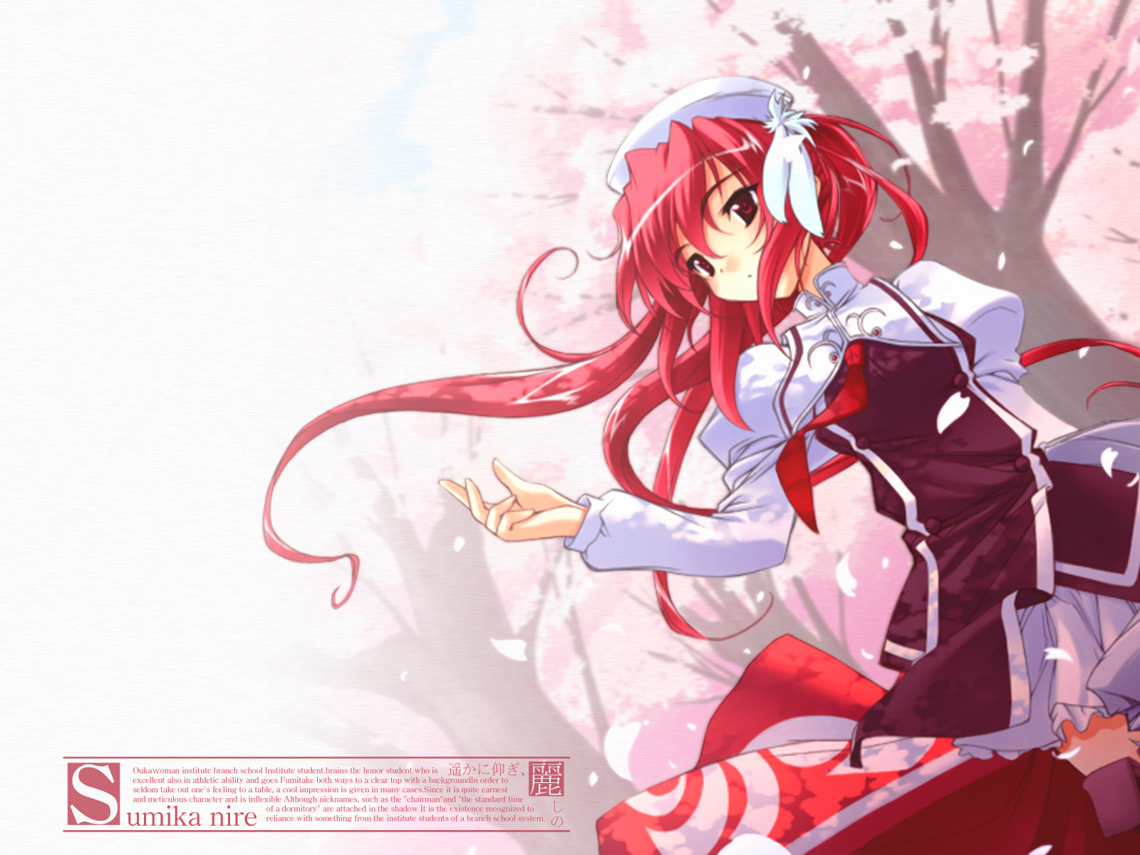 cherry_blossoms, flowers, fujiwara_warawara, haruka_ni_aogi_uruwashi_no, hat, long_hair, nire_sumika, petals