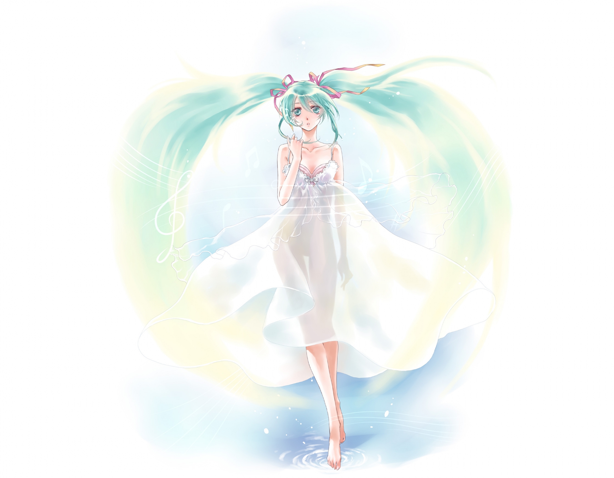 dress, hatsune_miku, satsuki_yuu_(awairo), twintails, vocaloid, water, white