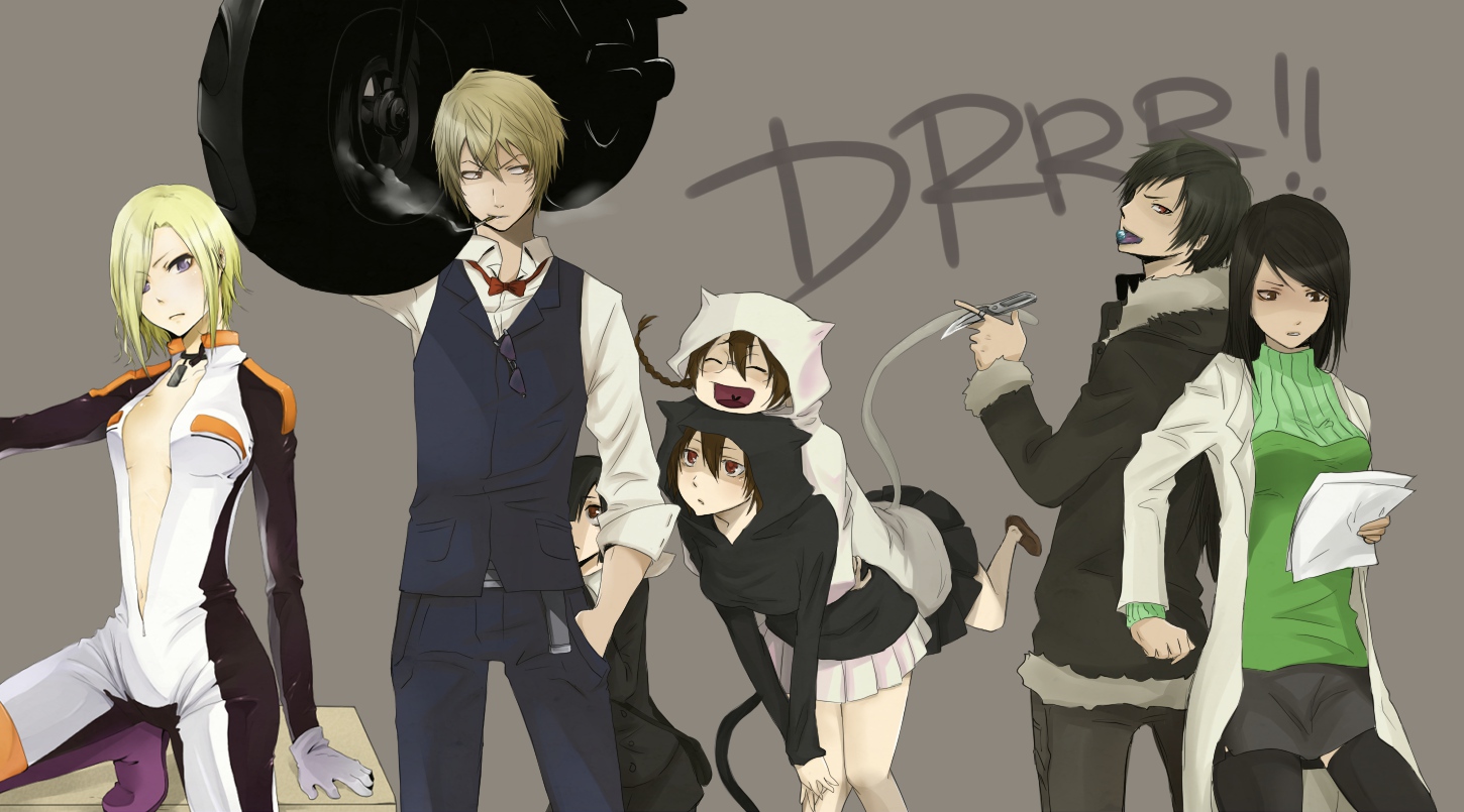 animal_ears, awakusu_akane, black_hair, blonde_hair, catgirl, cigarette, durarara!!, glasses