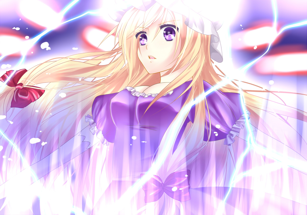 blonde_hair, bow, dress, hat, hiru0130, long_hair, purple_eyes, touhou, yakumo_yukari