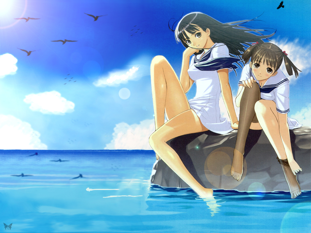 2girls, black_hair, brown_eyes, brown_hair, clouds, mizushima_asa, sky, sora_no_iro_mizu_no_iro