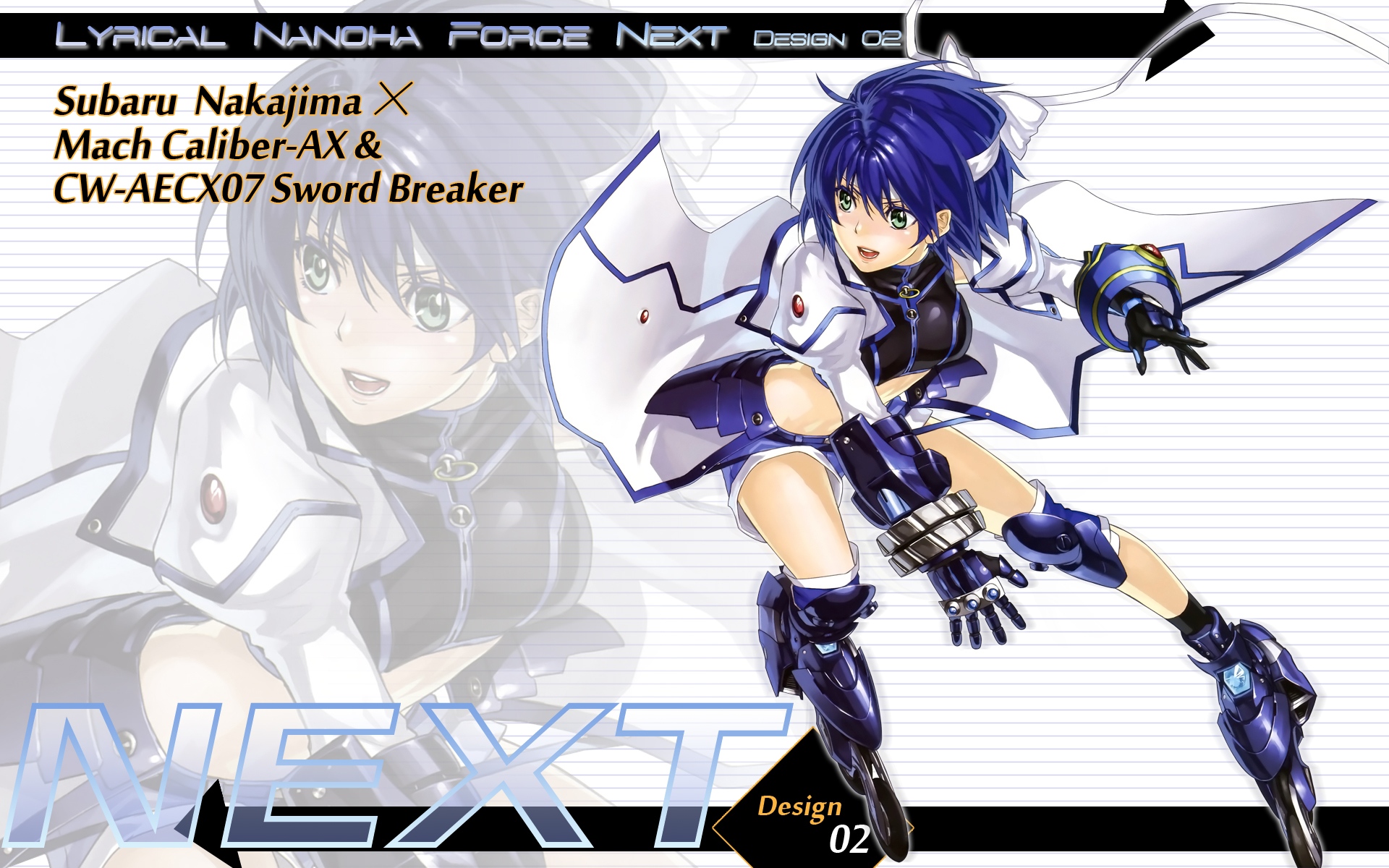 armor, blue_hair, green_eyes, headband, kurogin, mahou_senki_lyrical_nanoha_force, mahou_shoujo_lyrical_nanoha, short_hair