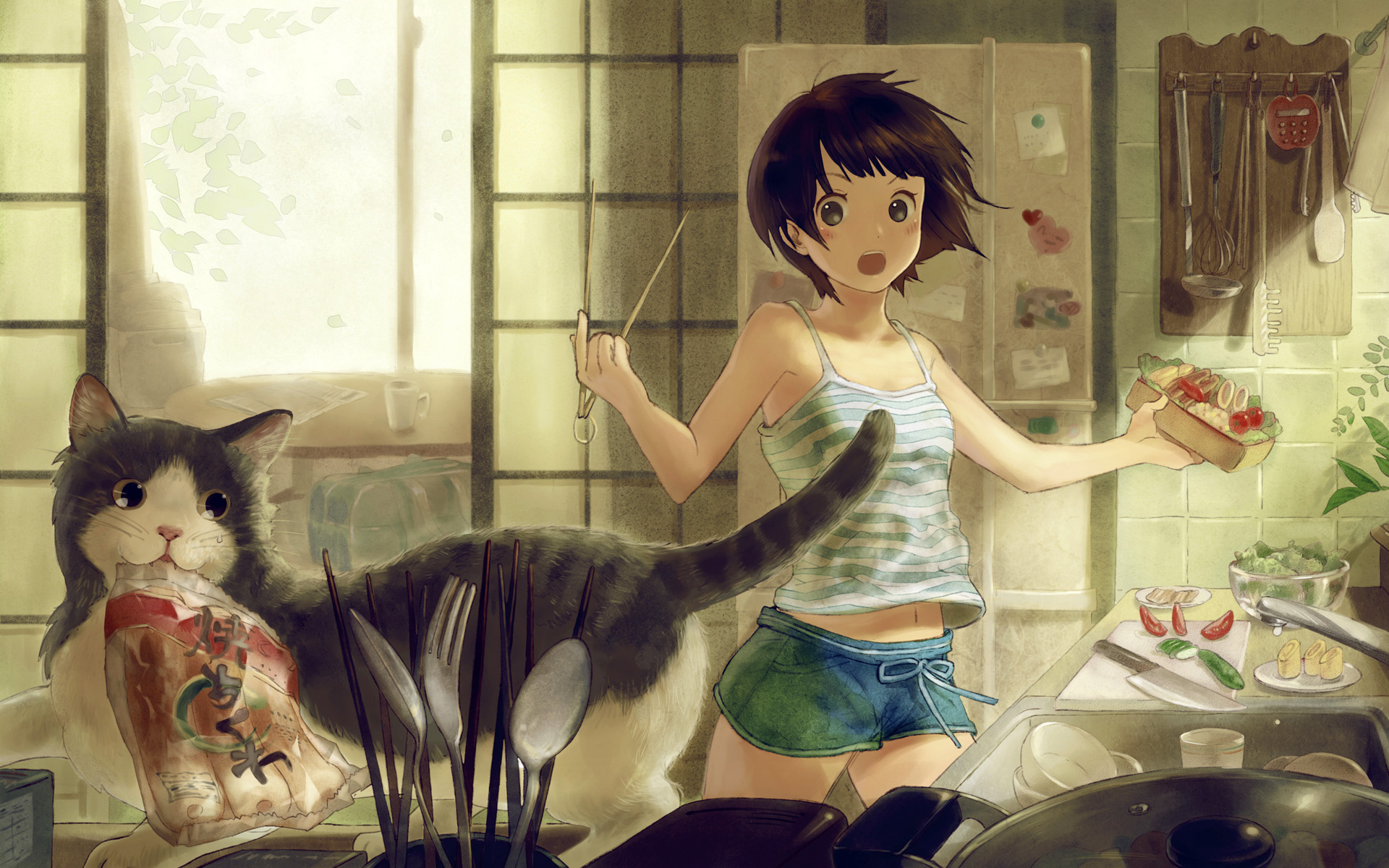 ame_(conronca), animal, black_eyes, black_hair, cat, food, original, short_hair, shorts