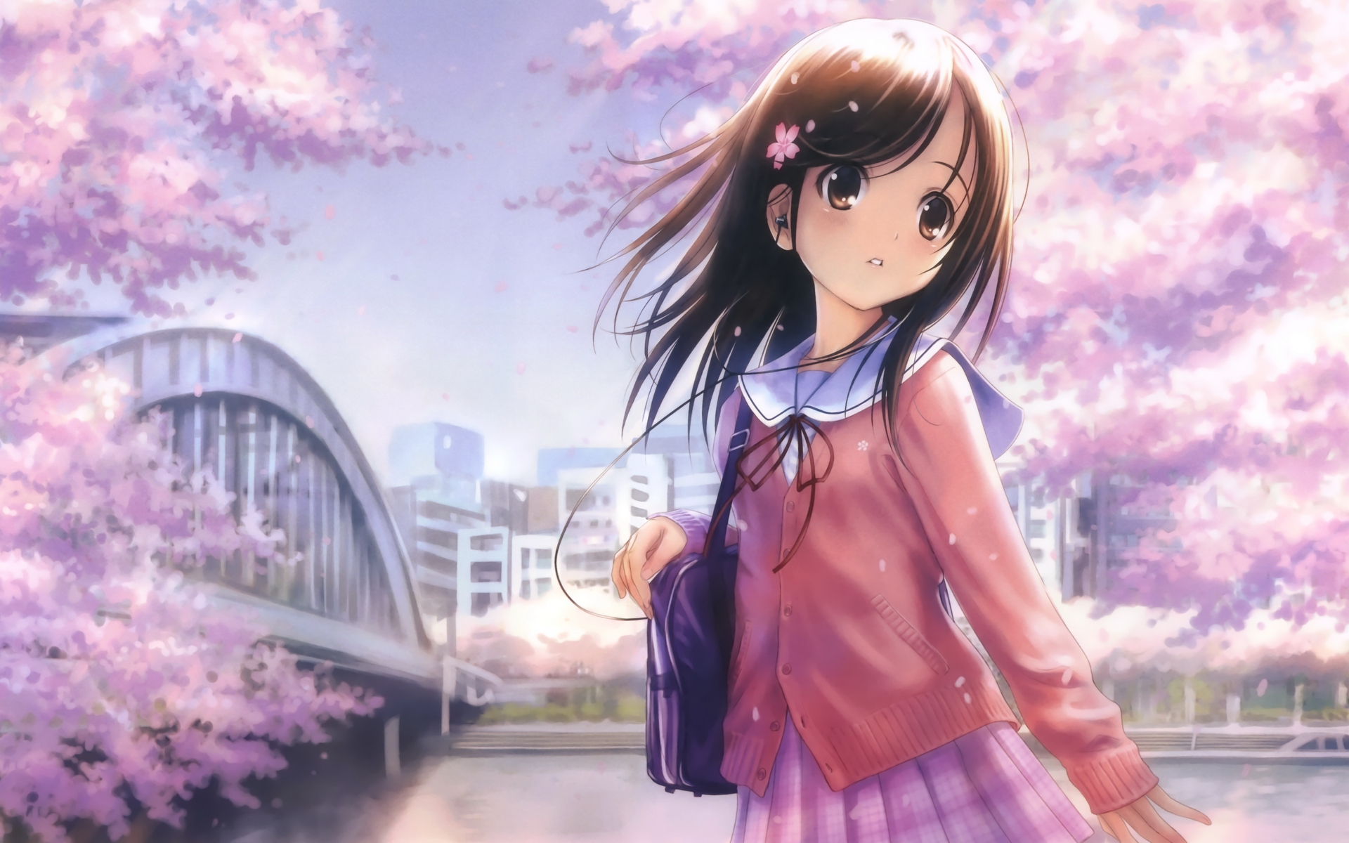 brown_eyes, building, cherry_blossoms, city, flowers, goto_p, headphones, park