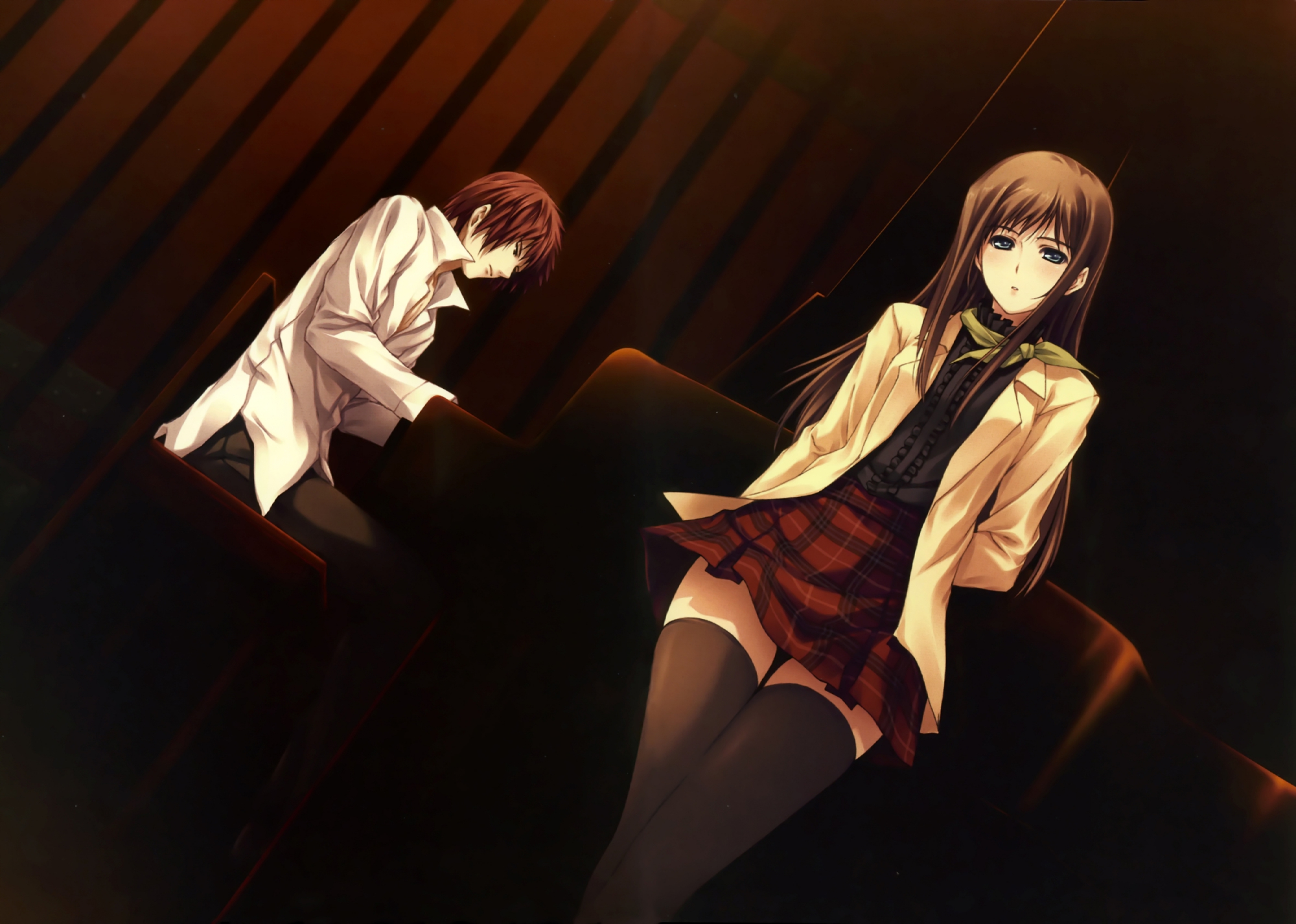 brown_hair, game_cg, innocent_grey, instrument, kudoh_sousuke, long_hair, pianissimo, piano, shirakawa_ayane, skirt, thighhighs, zettai_ryouiki