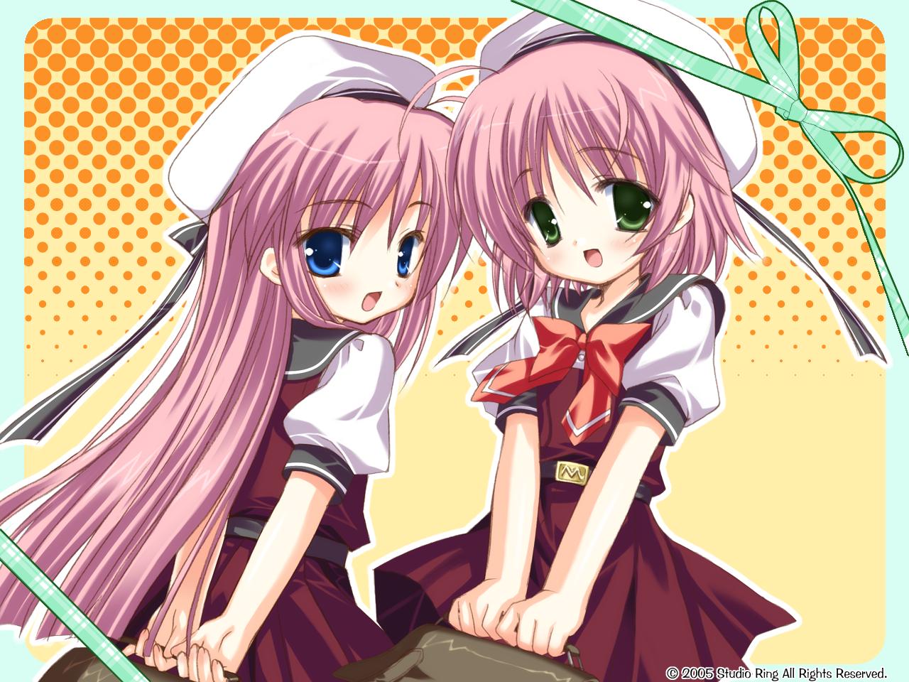 2girls, asakura_maina, asakura_yuna, blue_eyes, blush, bow, hajimete_no_orusuban, hat