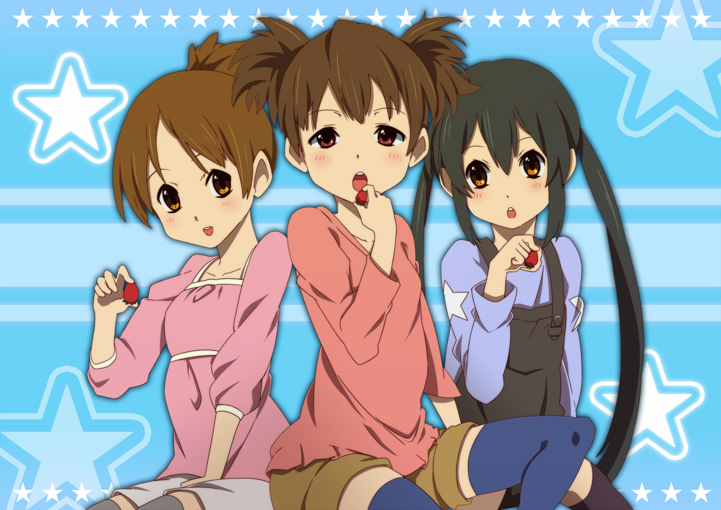 food, fruit, hajime, hirasawa_ui, k-on!, nakano_azusa, strawberry, suzuki_jun