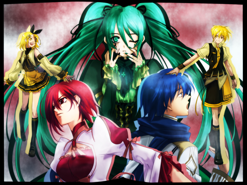 alice_human_sacrifice_(vocaloid), hatsune_miku, kagamine_len, kagamine_rin, kaito, male, meiko, twintails, vocaloid