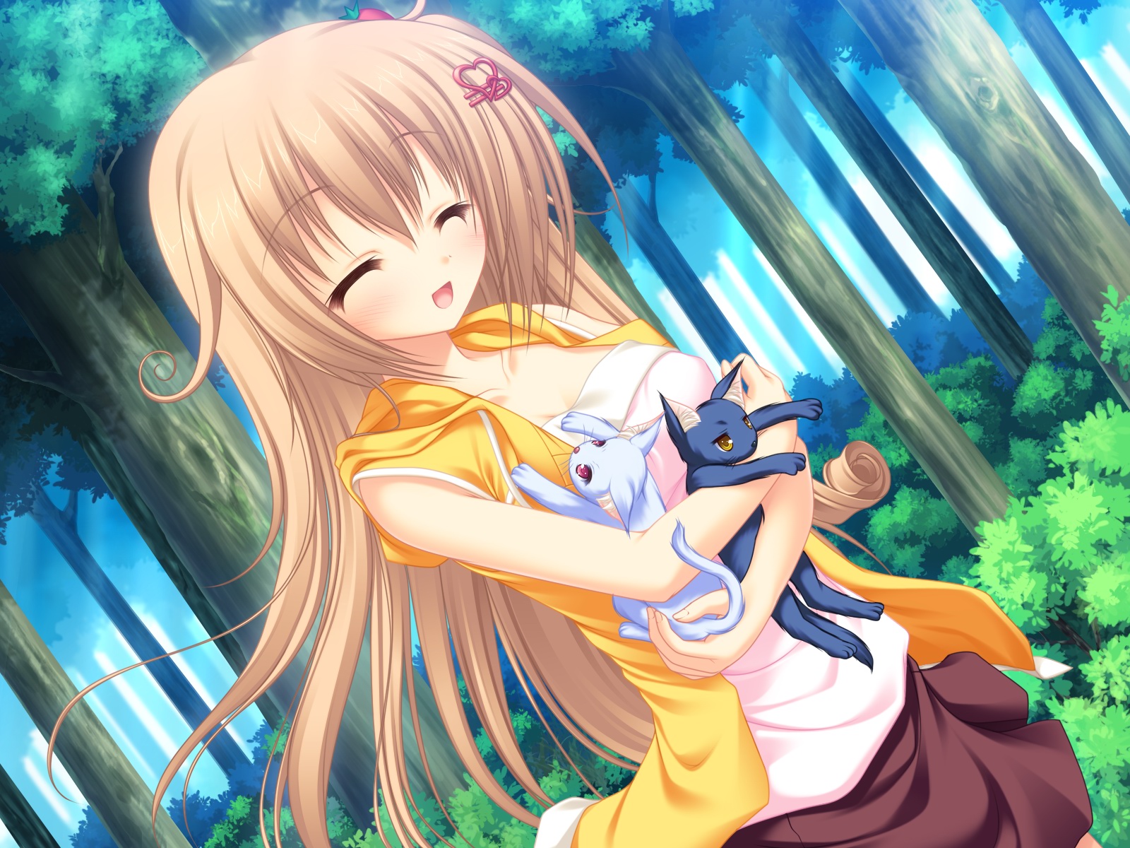 animal, blush, brown_hair, cat, long_hair, mikagami_mamizu, neko_koi, ryuudou_misaki