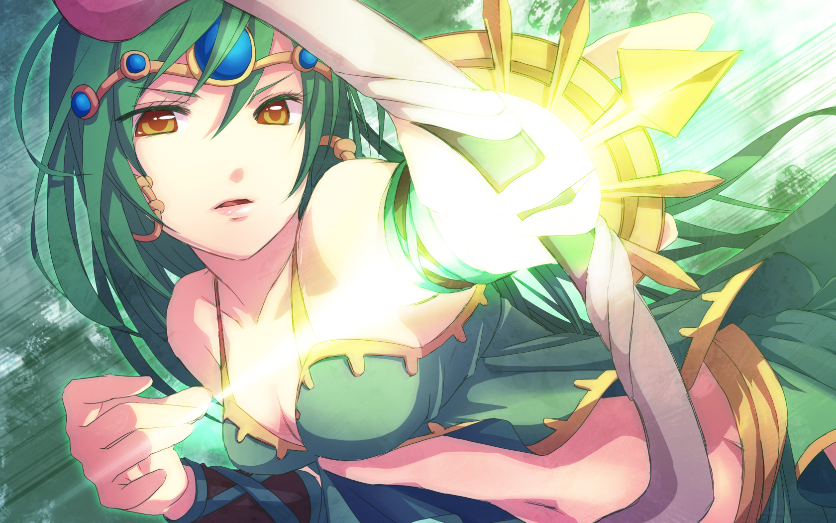 green_hair, irena_(maplestory), long_hair, maplestory, tsubaki_ki, weapon, yellow_eyes