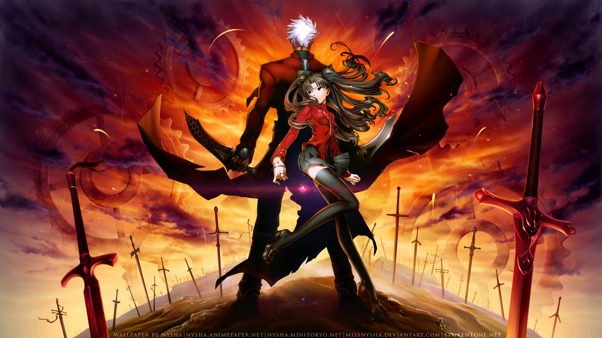 archer, black_hair, dark_skin, fate_(series), fate/stay_night, long_hair, male, missnysha, necklace, sword, thighhighs, tohsaka_rin, twintails, watermark, weapon, white_hair
